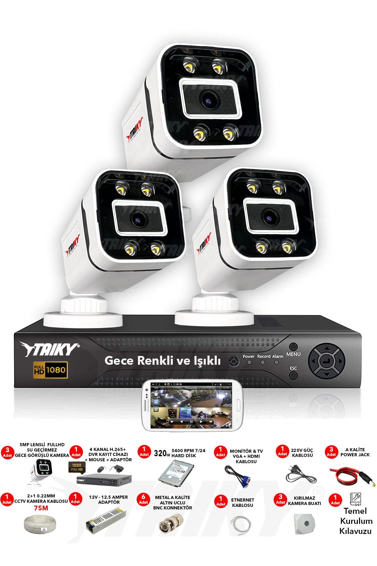 TAIKY 3 Kameralı 5mp  Lensli Fullhd 1080p Gece Renkli Kamera Seti Güvenlik Kamera Sistemleri F804-320