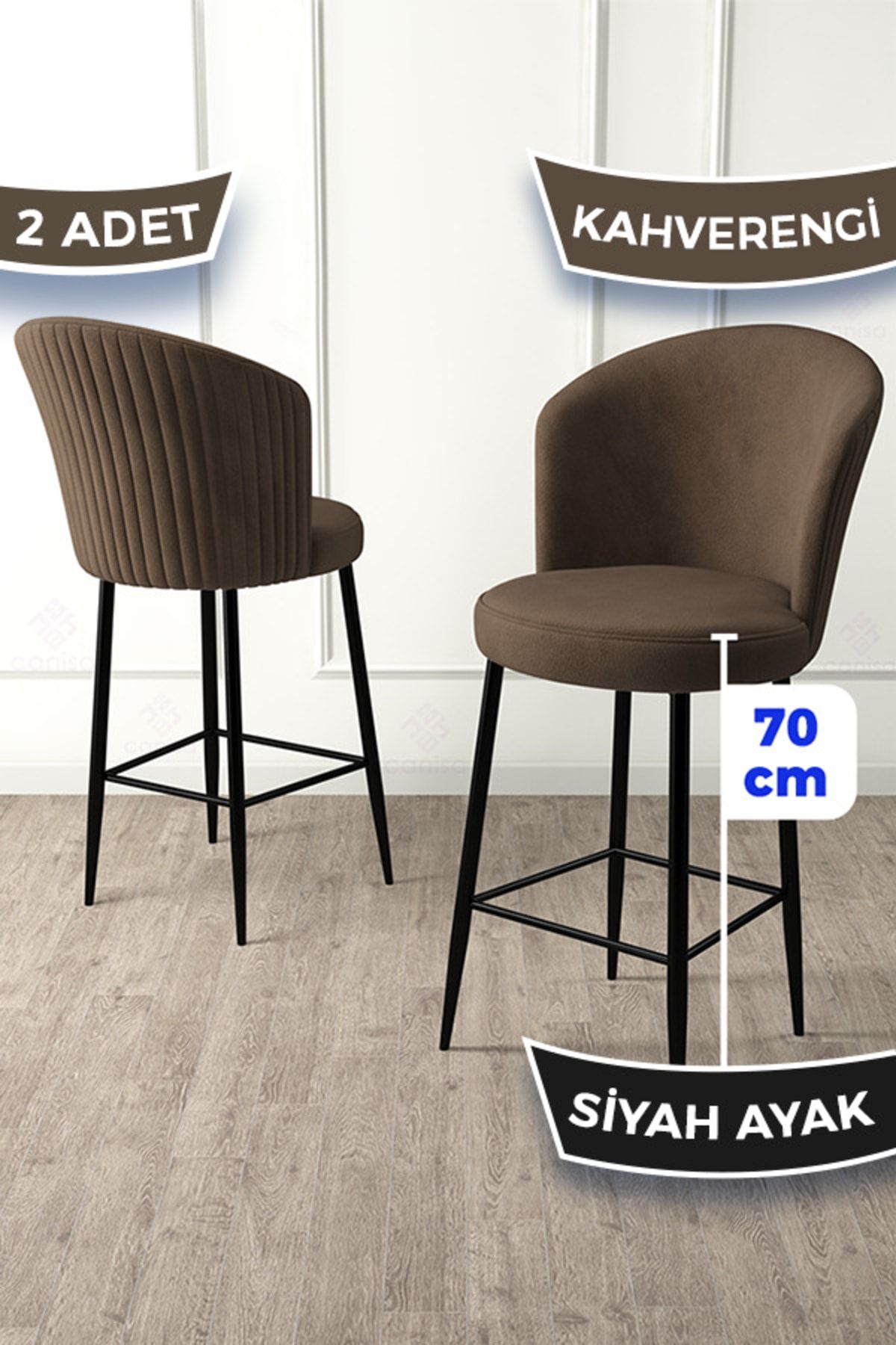 Canisa Concept Fora Serisi 2 Adet Kahve Sandalye Ada Mutfak Bar Sandalyesi Siyah Metal Ayak Babyface Kumaş