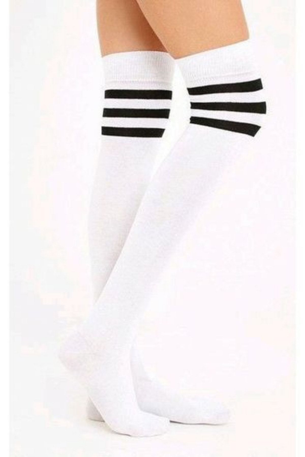 KARDEŞLER ÇORAP Siyah Çizgili Beyaz Diz Üstü Pamuklu Çorap