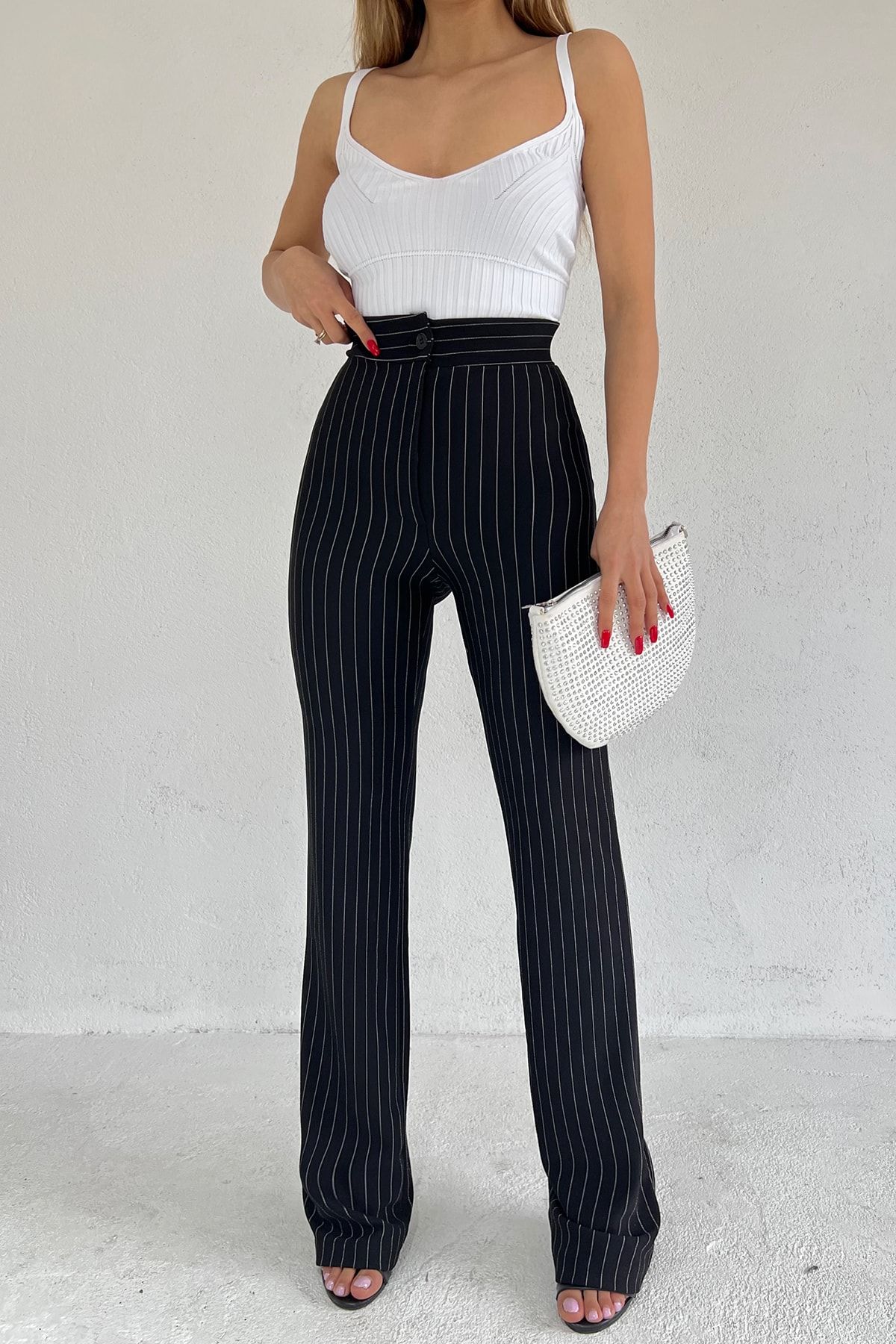 LE CARAMBOLE Kadın Siyah Beyaz Çizgili Önü Çıma Dikişli Düğmeli Fermuarlı Likralı Esnek Tayt Pantolon