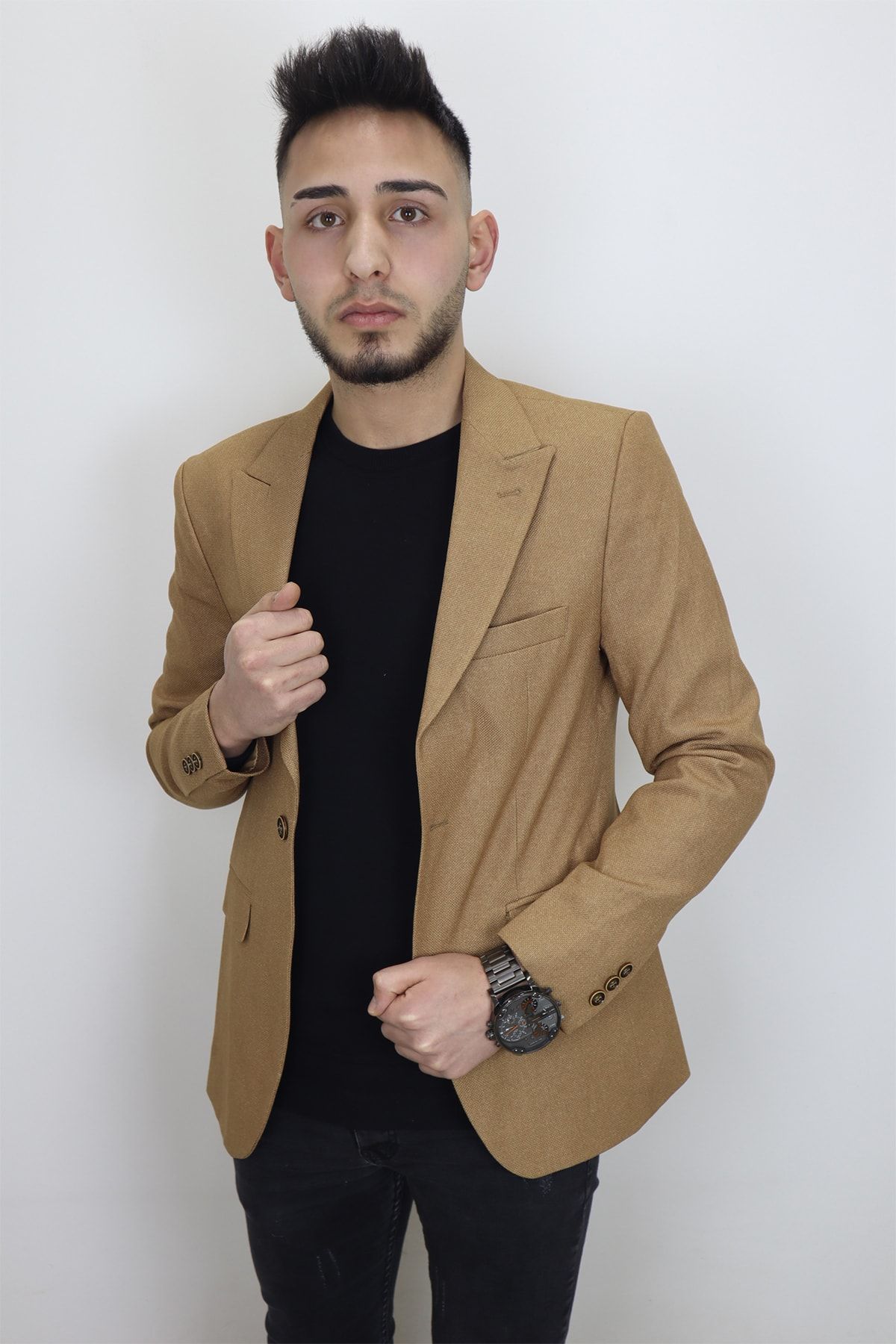 Twenhil Fistan Store Erkek Camel Italyan Kesim Dar Kalıp Tek Düğme Yazlık Blazer Ceket