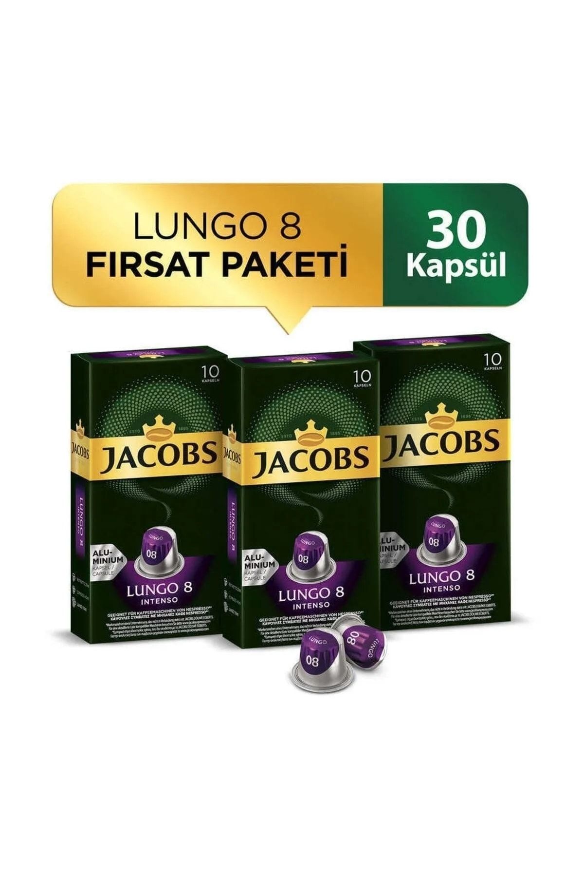 Jacobs Lungo 8 Intenso Nespresso Uyumlu Alüminyum Kapsül Kahve 10 Adet X 3 Paket