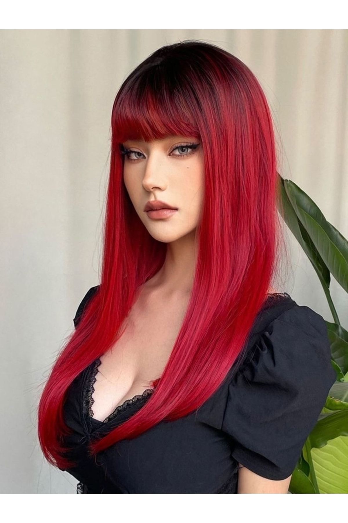 Fenomen Peruk Siyah Kızıl Perçemli Düz Saç Model