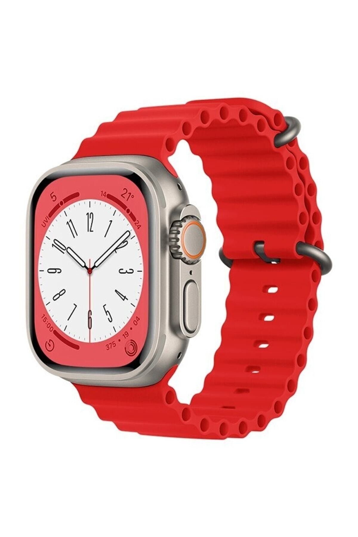 PSGT Apple Watch Uyumlu 38mm 40mm 41mm 1/2/3/4/5/6/se/7/8 /9 Ultra -ultra Ocean Silikon Kordon Kırmızı