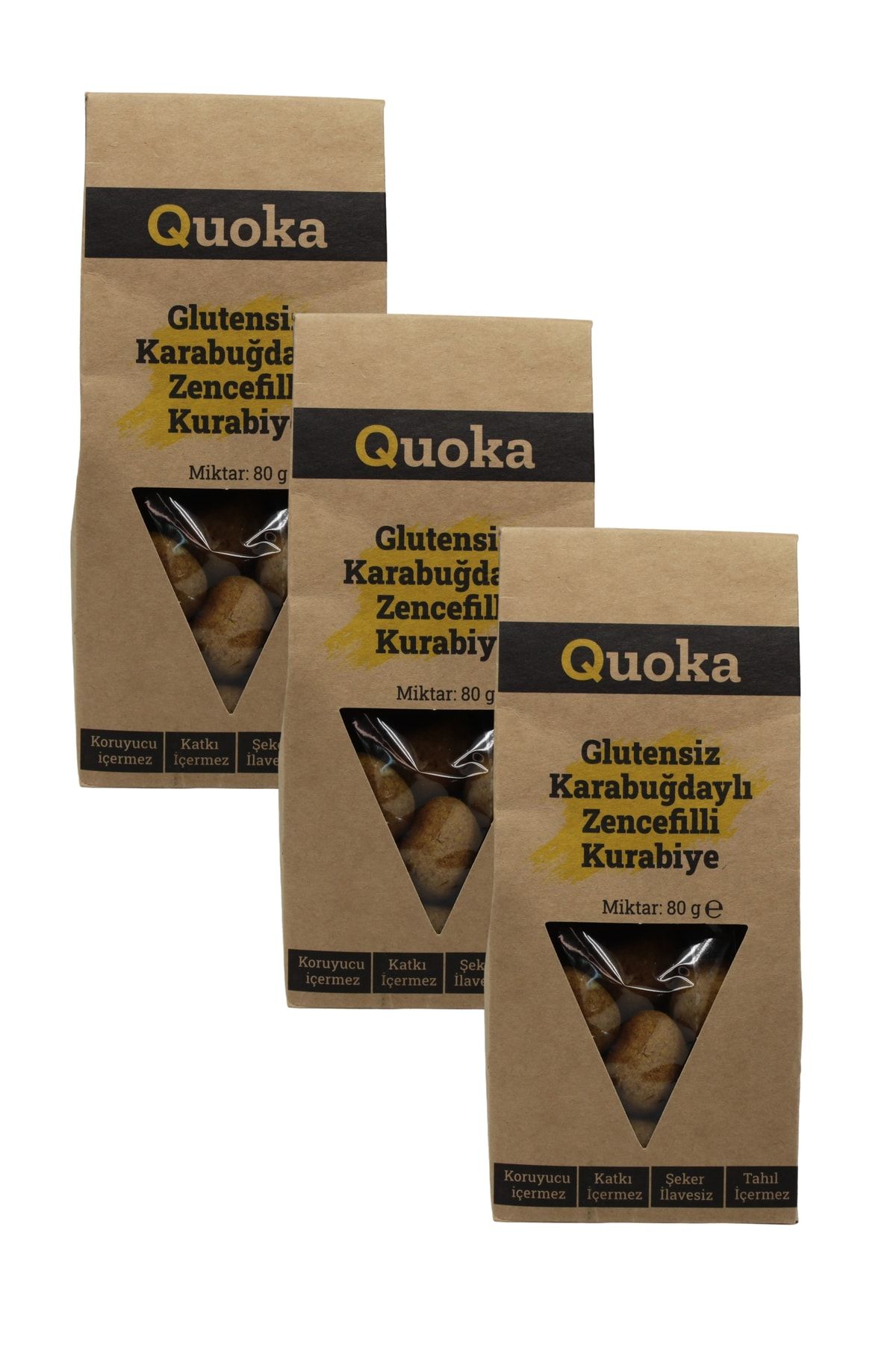 QUOKA Glutensiz, Rafine Şekersiz Zencefil, Tarçın, Zerdeçallı Kurabiye 3 Paket X 80gr
