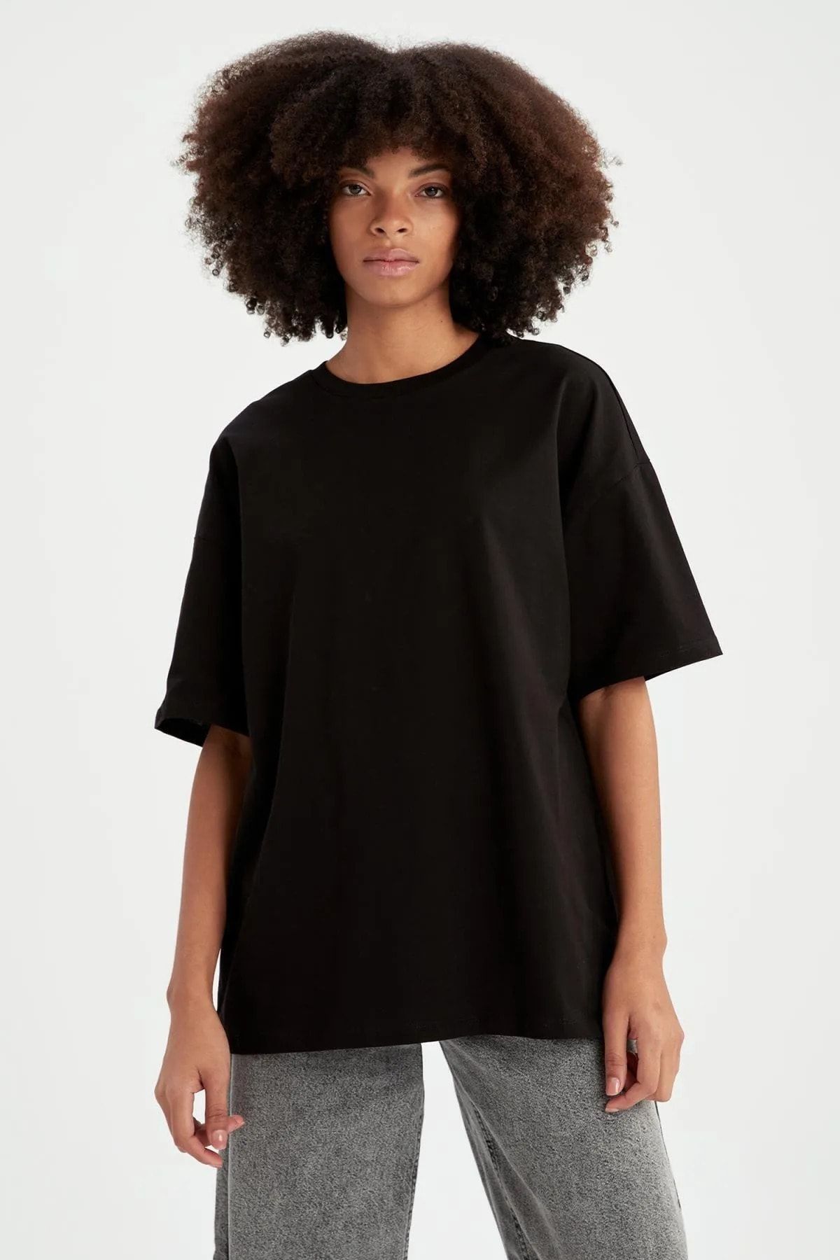 EKZMODA Kadın Oversize Long Fit Kısa Kollu %100 Pamuklu Yazlık Siyah Basic Tshirt
