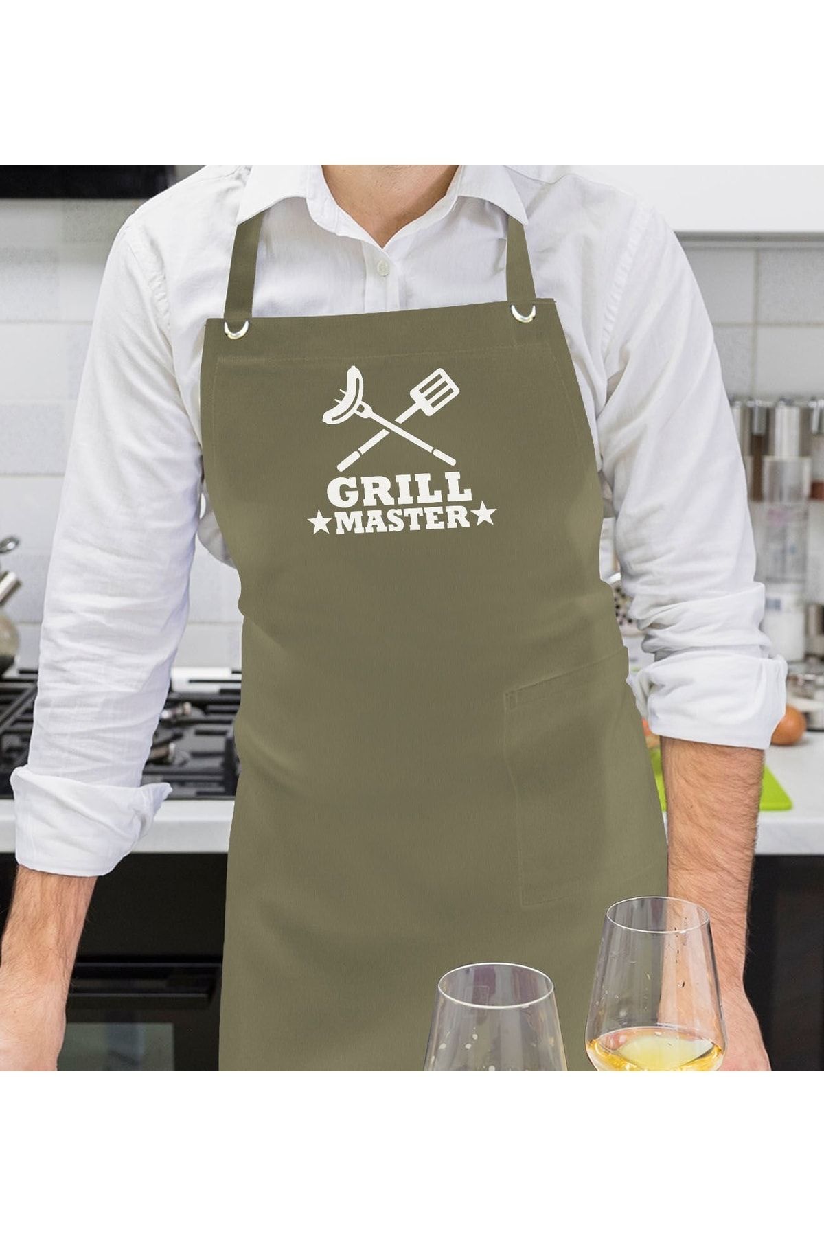 Bk Gift Profesyonel Grill Master Tasarımlı Haki Yeşil Mutfak Önlüğü, Aşçı Önlüğü, Şef Önlüğü, Ev Hed