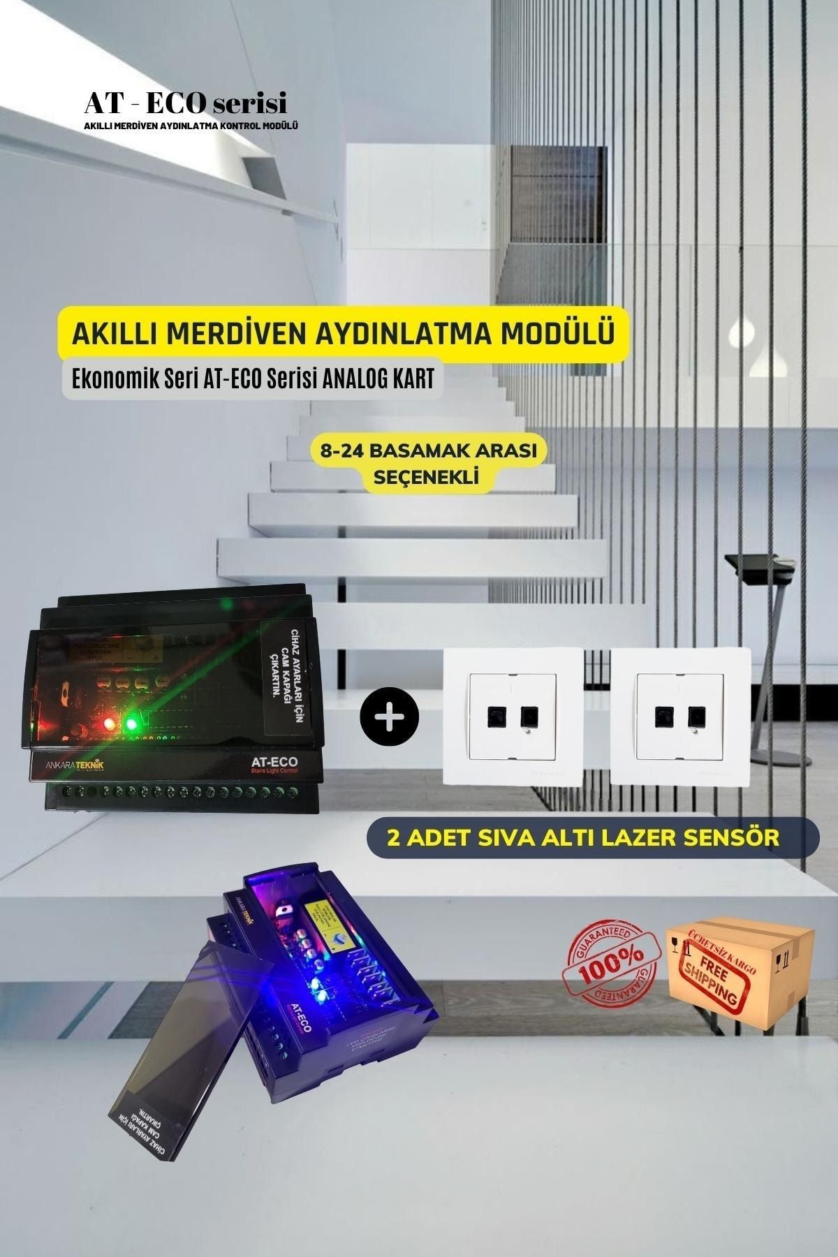 OEM Akıllı Merdiven Aydınlatma 24 Basamak Özel Kutulu+2 Adet Lazer Sensör Kit