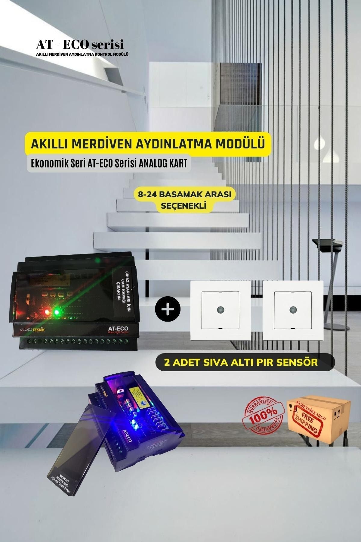 OEM Akıllı Merdiven Aydınlatma 16 Basamak Özel Kutulu+2 Adet Pır Sensör Kit (analog Sistem)