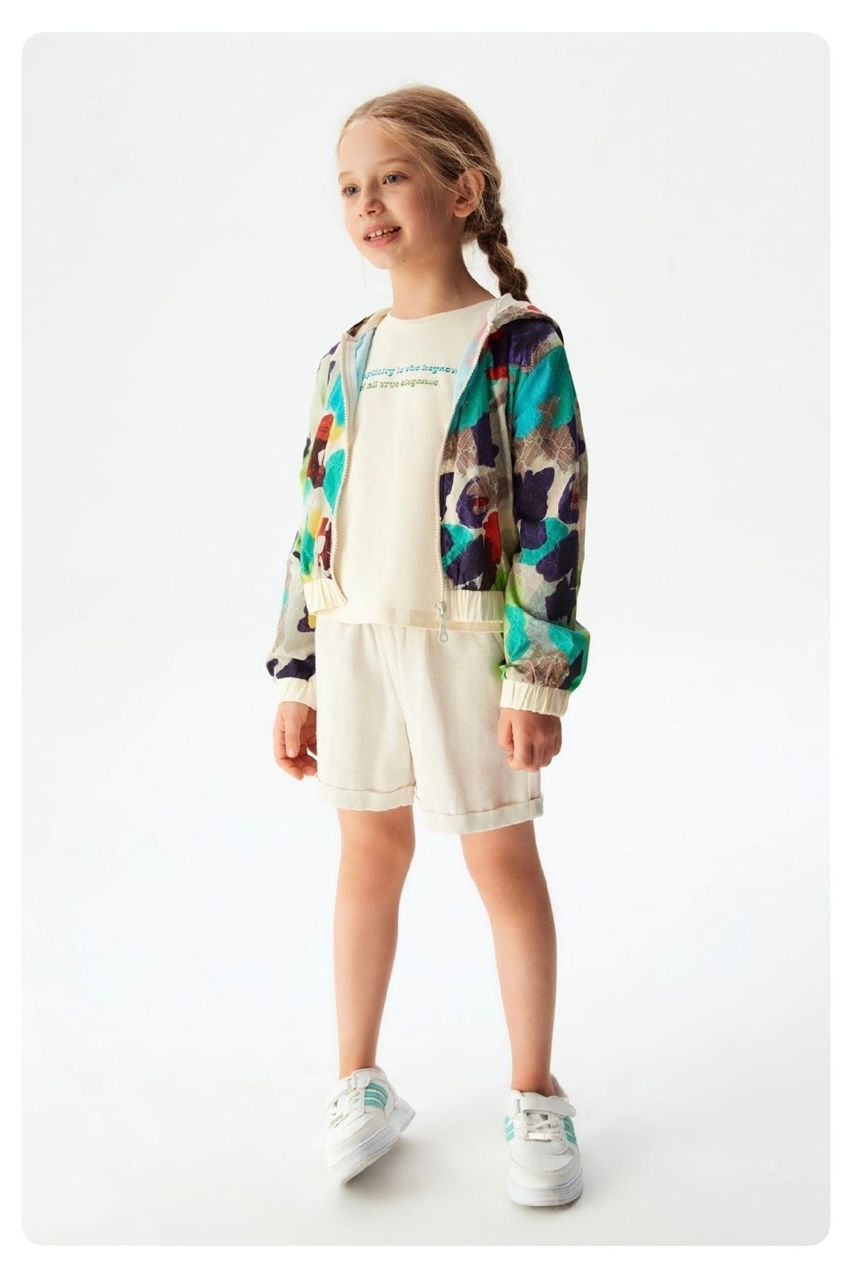Nk Kids Kız Çocuk Mozaik Desen Kapüşonlu Yazlık Ceket