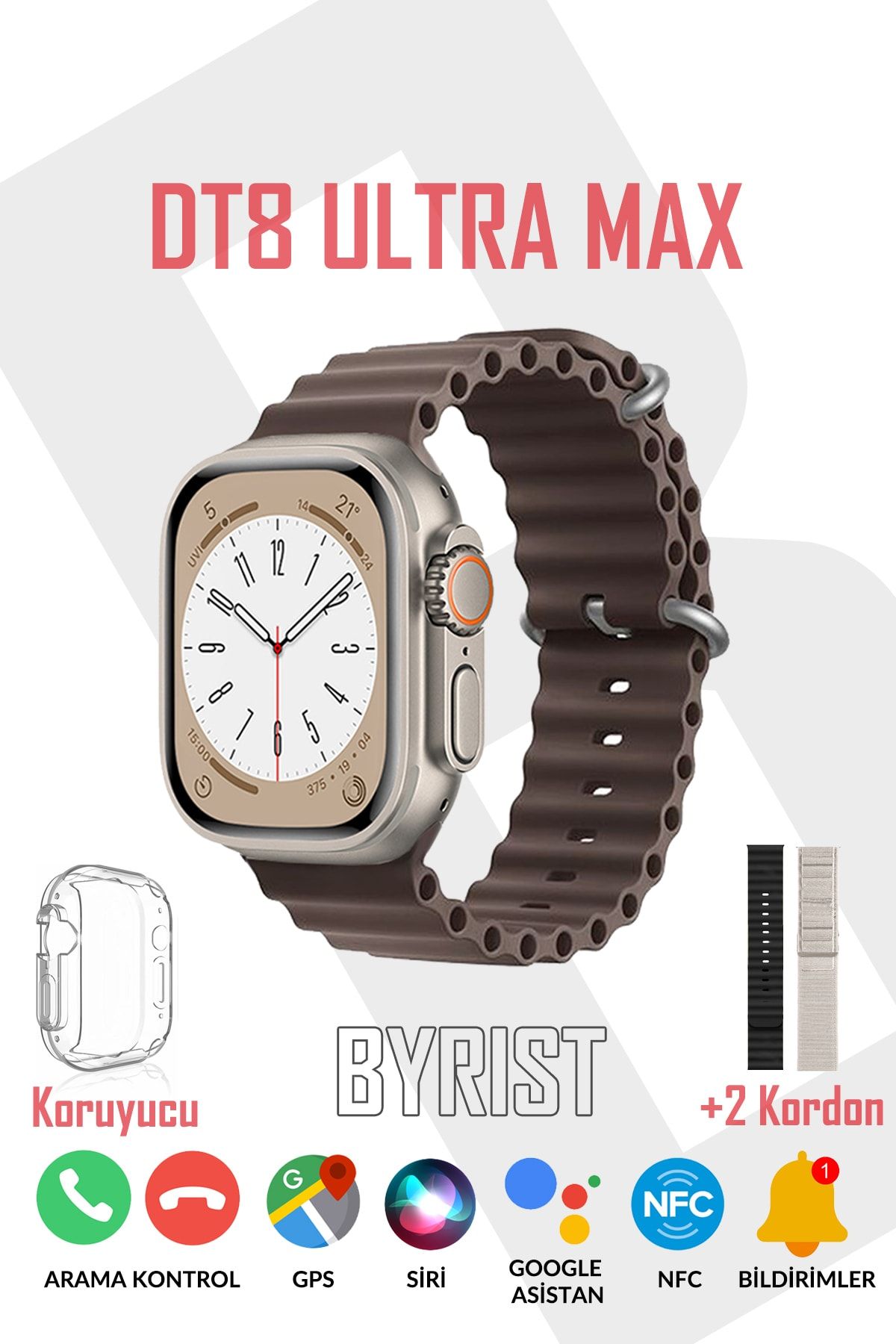 Byrist Dt8 Ultra Max Yeni 3 Kordon + Koruyucuorjinal Dt No.1 49mm Vidalı/kordon Kilitli Akıllı Saat