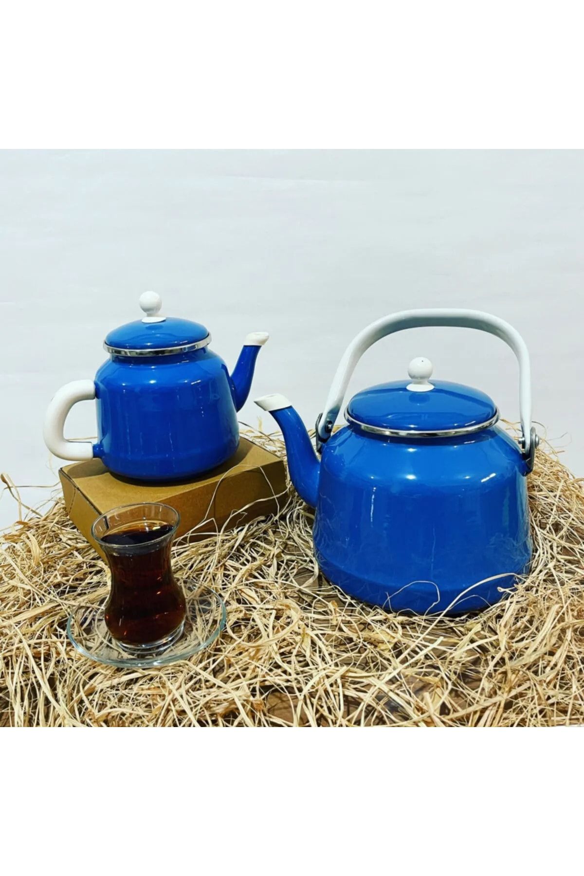ALEV Emaye Vintage Mavi Çaydanlık Seti Çift Kapaklı