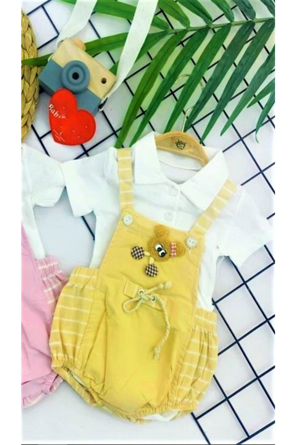 ModaCity Kabartmalı Sevimli Fare Figürlü 2'li Bebek Salopet Tulum Takımı (sarı)