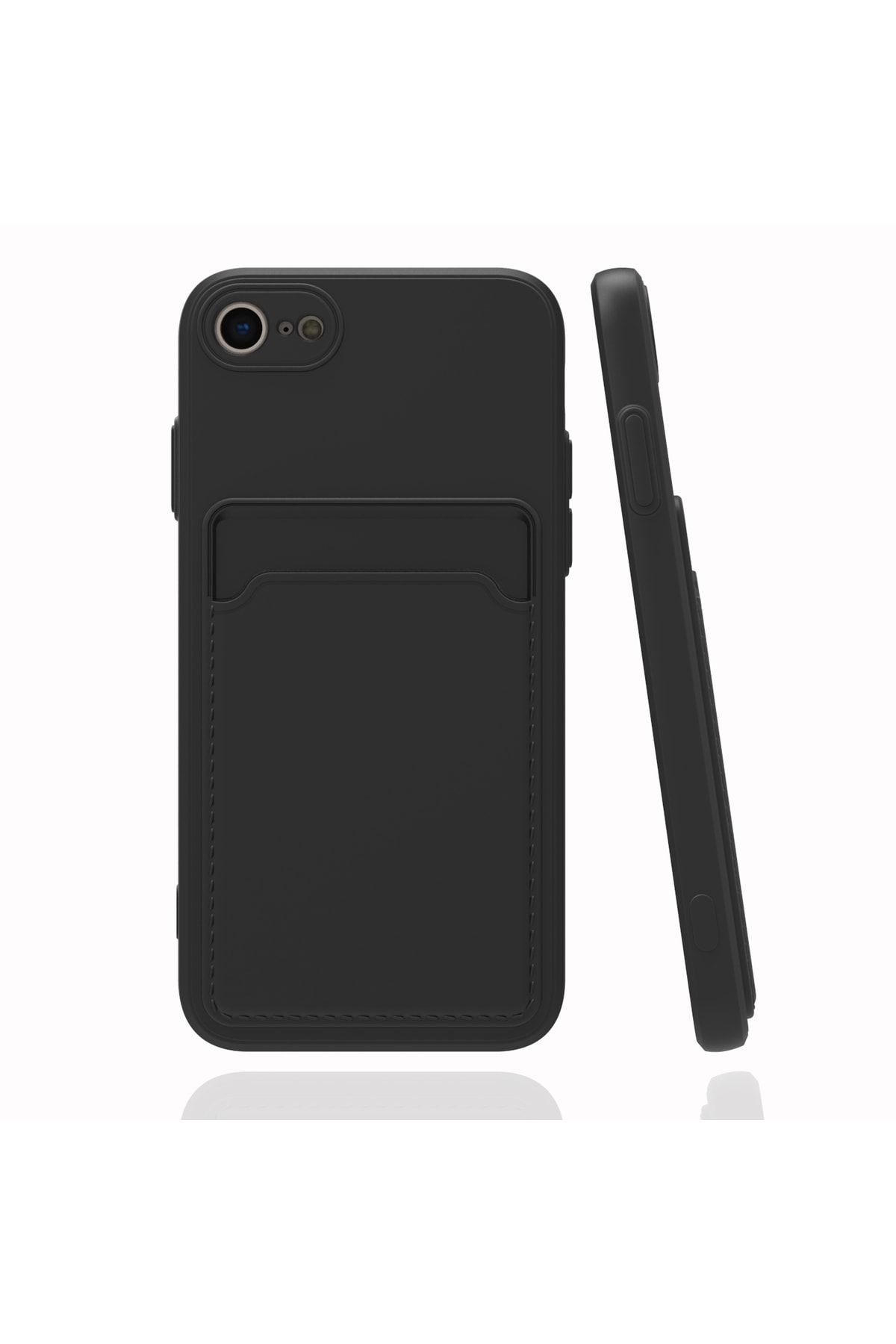 Fibaks Iphone 7 Uyumlu Kılıf Kamera Korumalı Kartlıklı Cüzdanlı Kırmızı Tuşlu Siyah Silikon Kapak