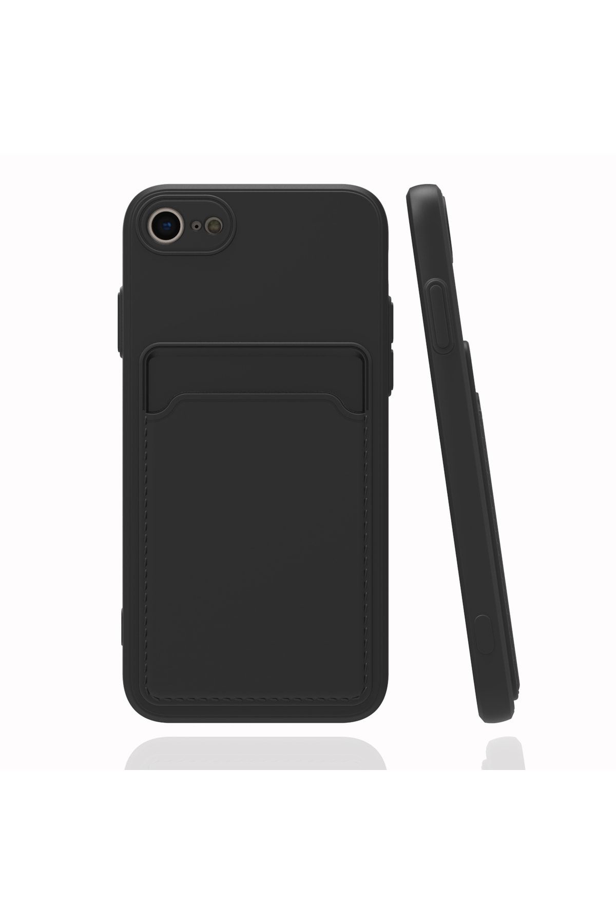 Fibaks Iphone 8 Uyumlu Kamera Korumalı Kartlıklı Cüzdanlı Kırmızı Tuşlu Siyah Silikon Kapak