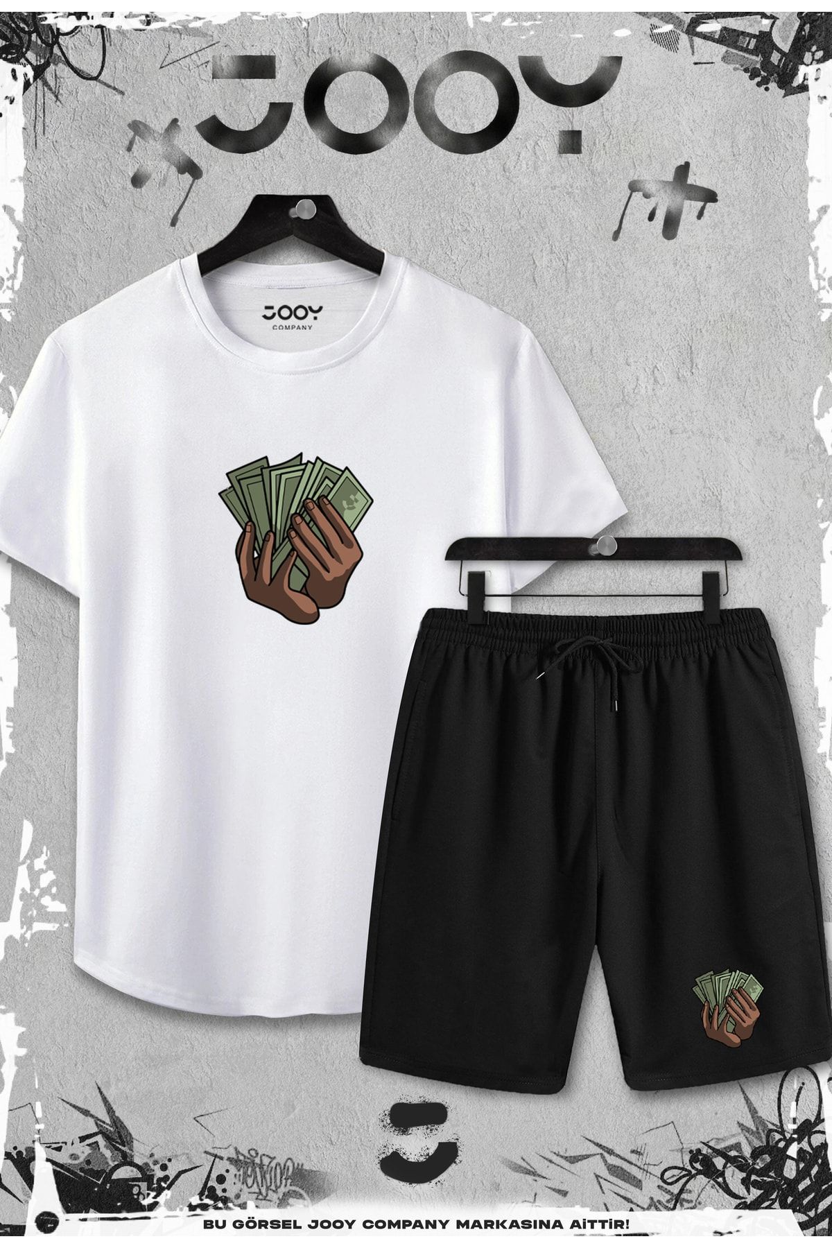 Jooy Company 2'li Para Tasarım Slim Fit Beyaz Tshirt - Siyah Şortlu Takım