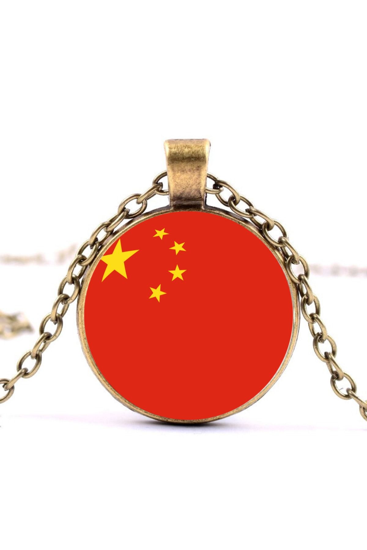 Market66 Çin Bayrak Kolye China Bayrağı Yuvarlak Camlı Bronz Renk Metal Kolyesi