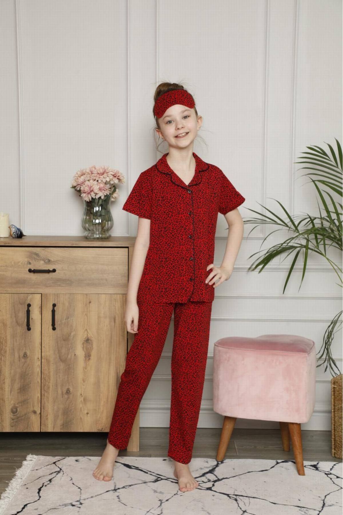 pijama moda Kız Çocuk Kırmızı Leopar Desenli Kısa Kollu Pijama Takımı Göz Bandı Dahildir.