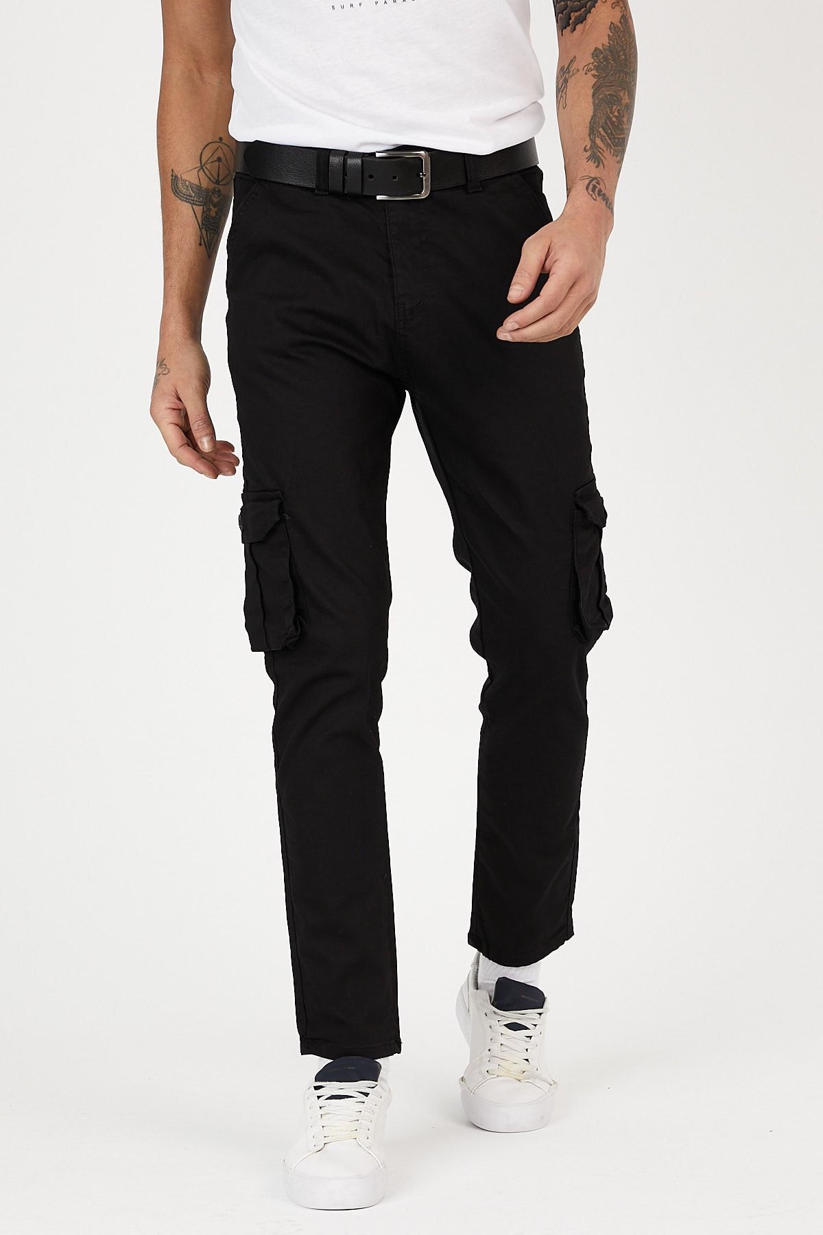 Serseri Jeans Siyah Renk Körüklü Paçası Lastiksiz Kargo Pantolon