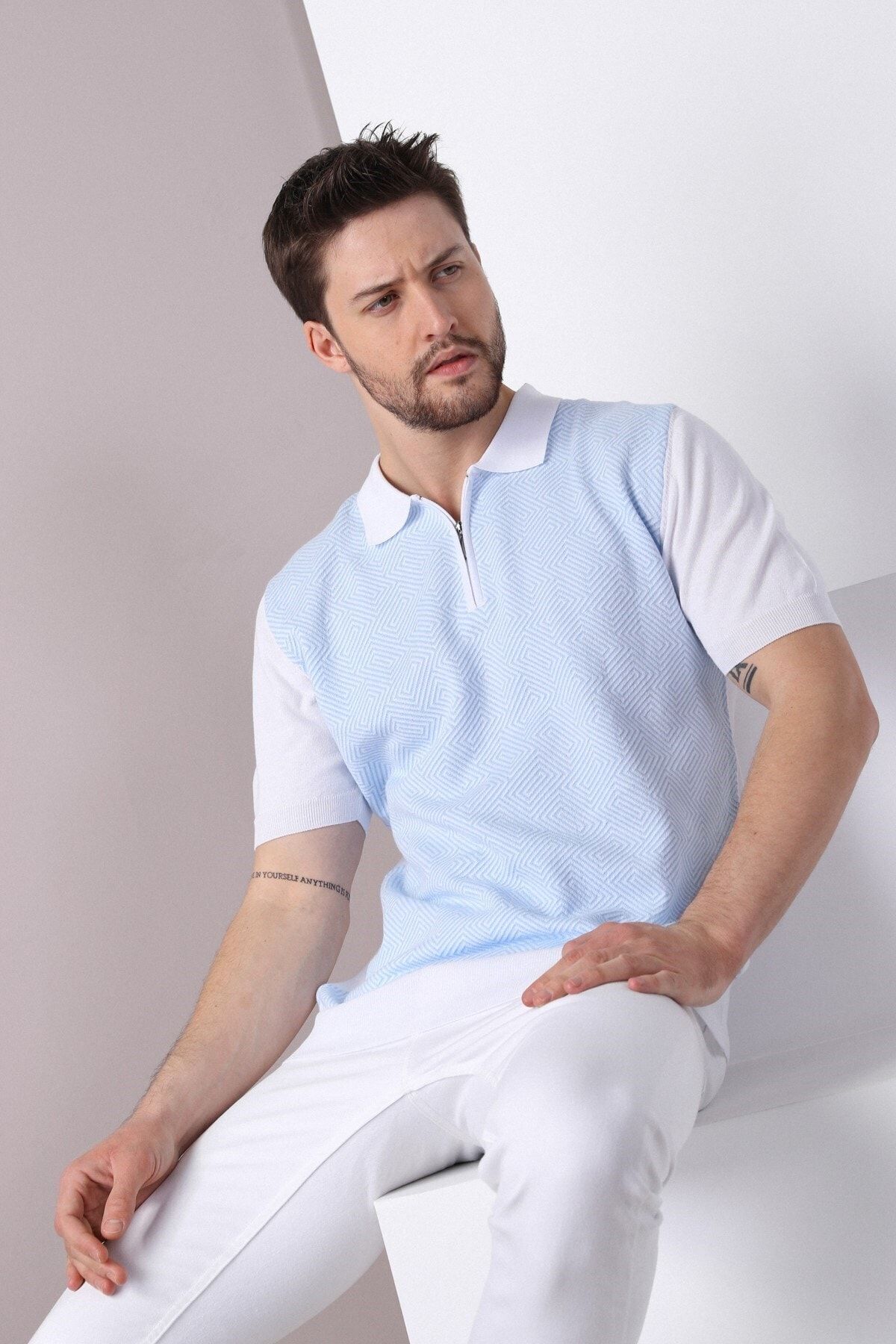 Ferraro Beyaz/a.mavi Polo Yaka Desenli %100 Pamuk Erkek Triko T-shirt