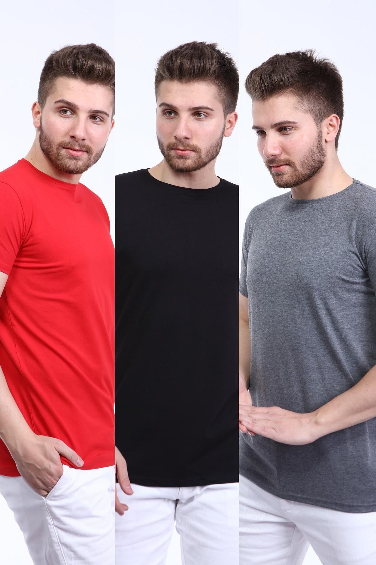 İng drop Erkek Çok Renkli 3'lü Paket Basic Slim Fit T-shirt