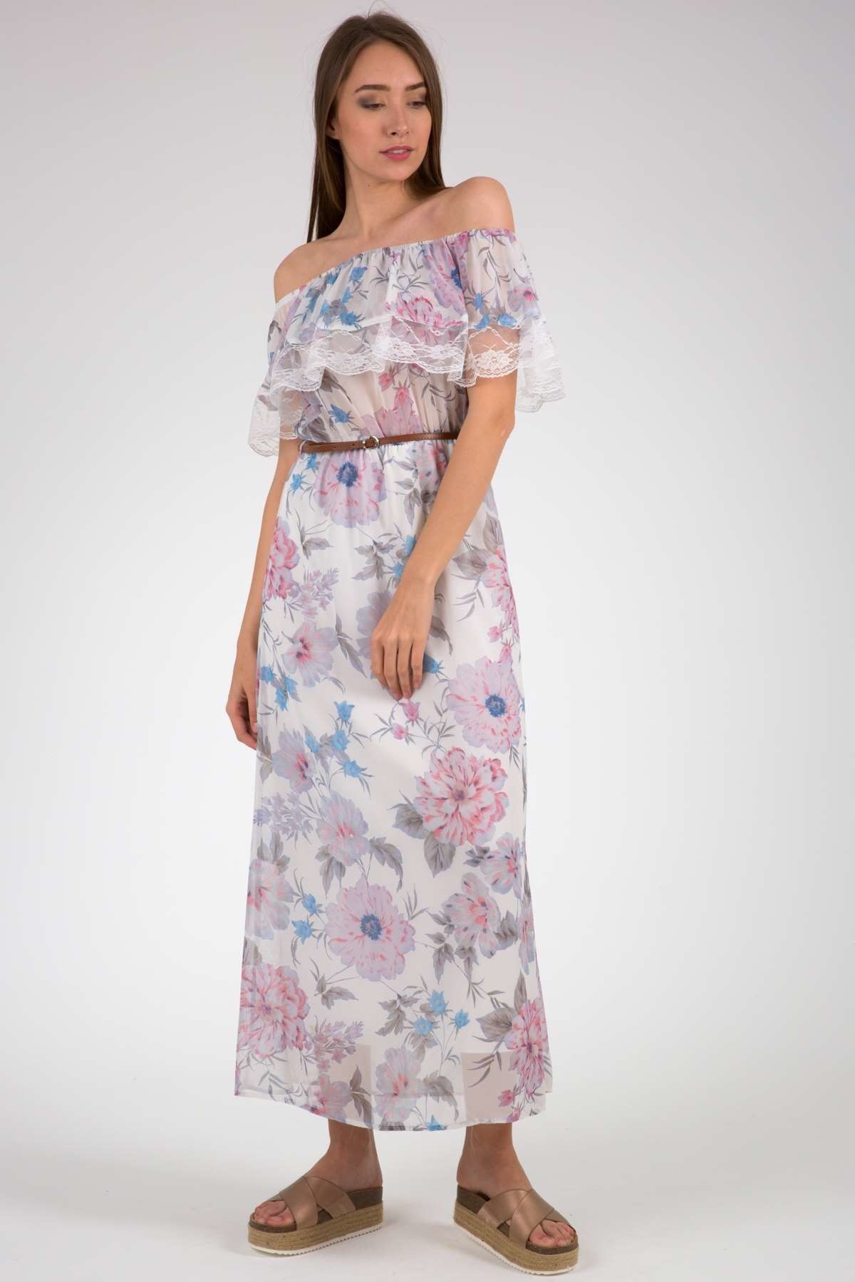 Lizbon Kadın Çiçek Desenli Dantel Detaylı Omuz Dekolteli Maxi Elbise Magenta D76391