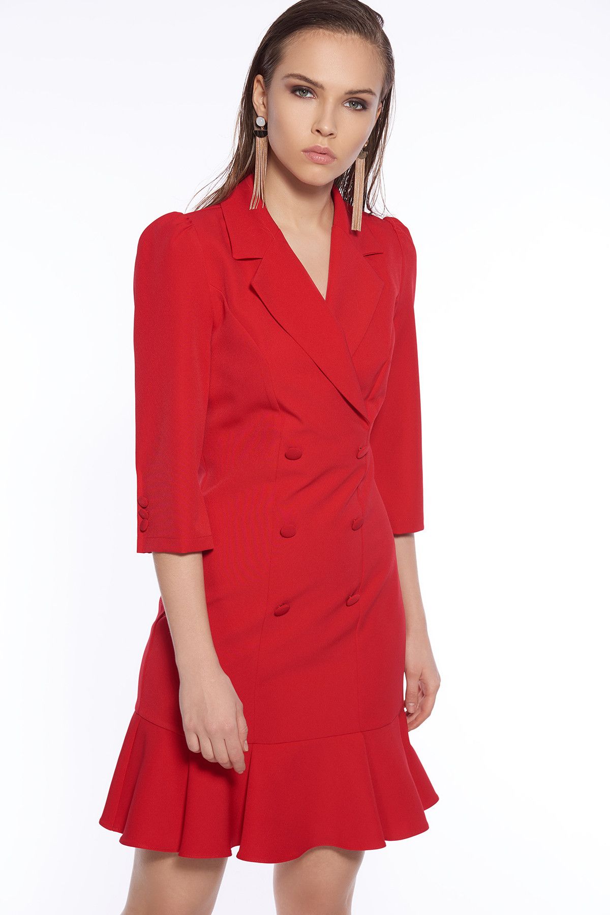 İroni Kadın Kırmızı Volanlı Blazer Elbise 5131-891A
