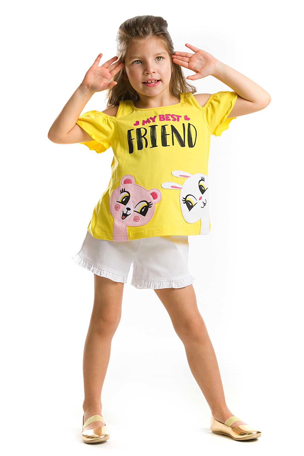 Denokids Sarı Beyaz Kız Çocuk Friends Gabardin Şort Takım CFF-18Y2-001