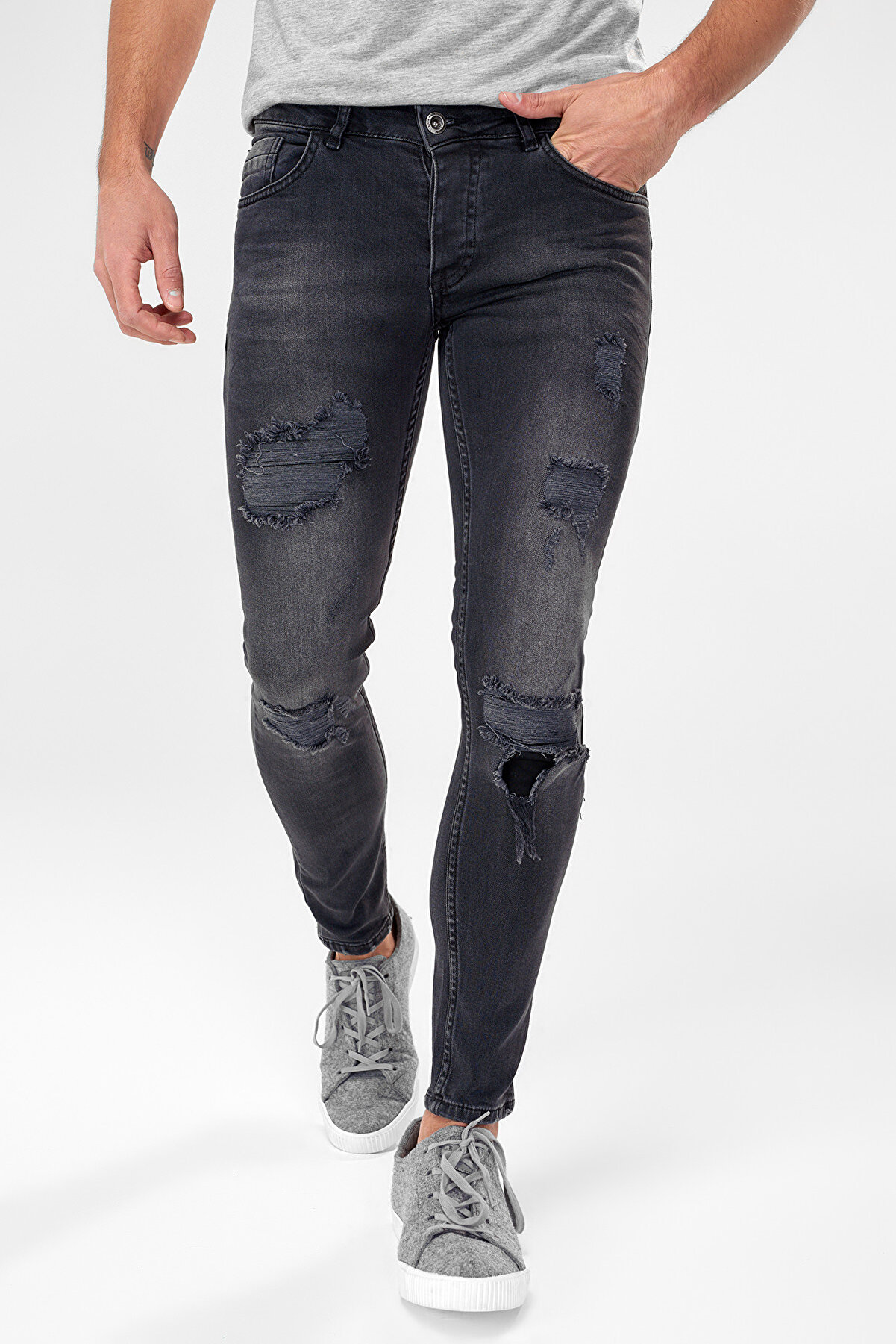 TRENDYOL MAN Denim House Siyah Erkek Jean - Yırtıklı Slim Fit Esnek Kumaş Denim Pantolon