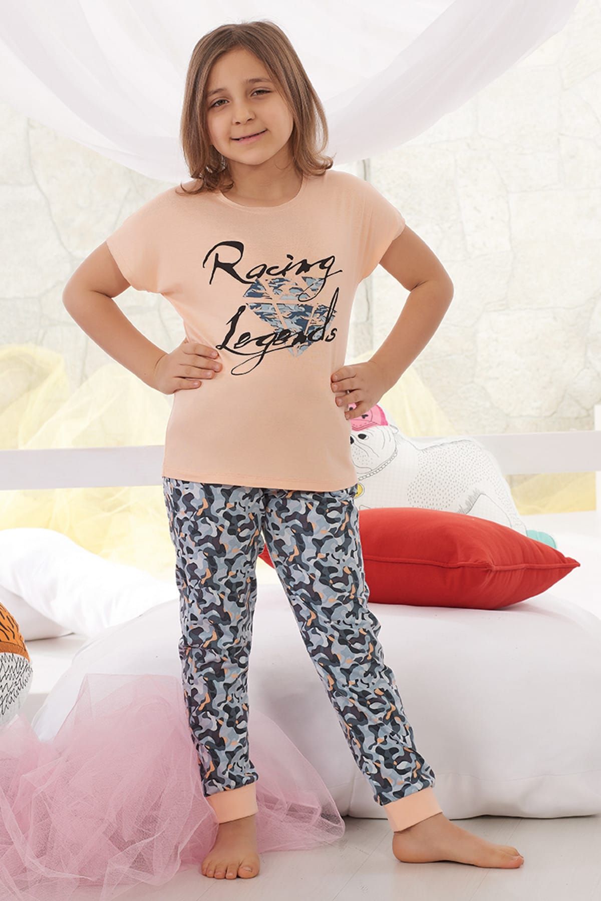 Sevim Kız Çocuk Şeftali Baskılı Pijama Takım 7728