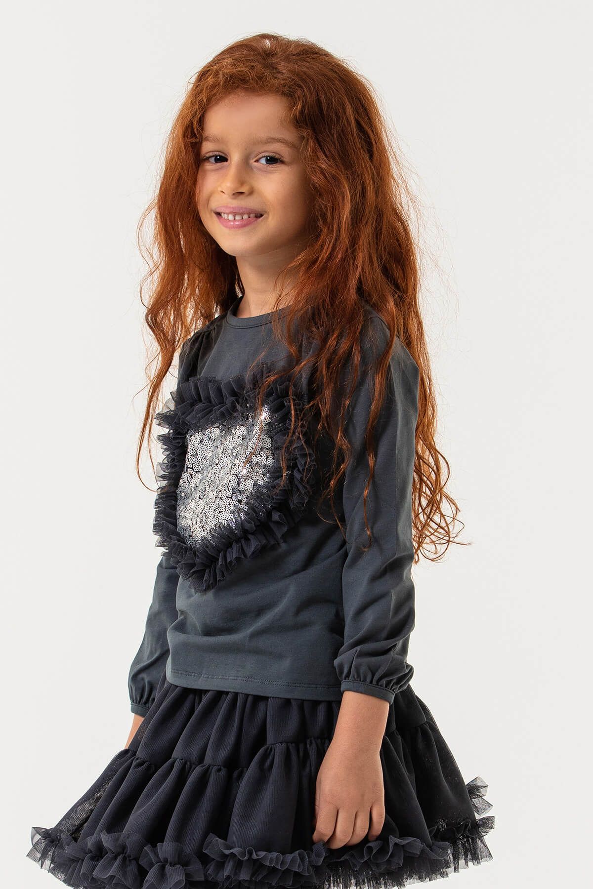 Colorinas Kalp Payet Işlemeli Tütülü Uzun Kollu Kız Çocuk Tişört