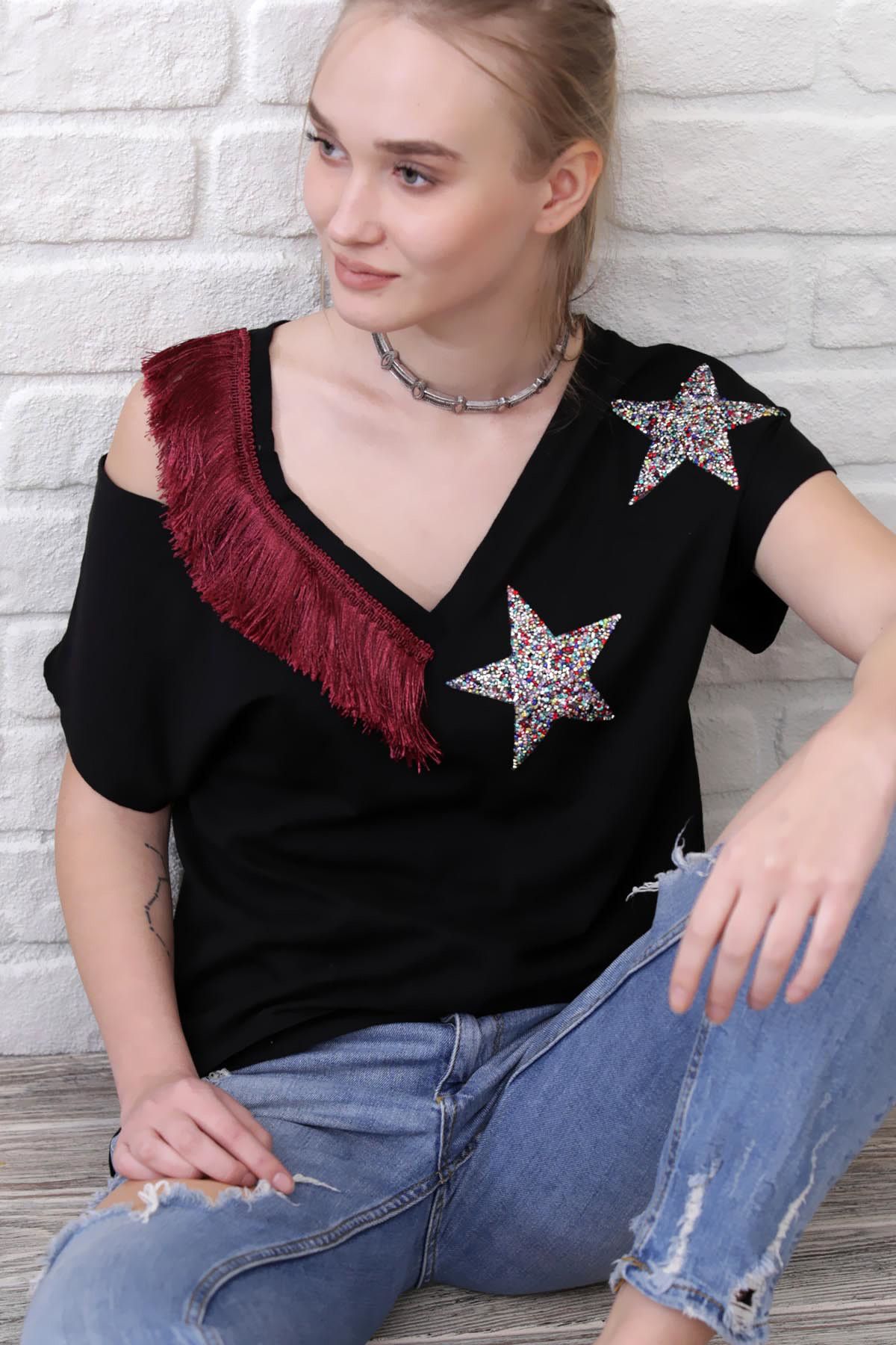 Chiccy Kadın Siyah Kristalli Yıldızlar Omuz Püskül Detaylı Coachella T-Shirt C10010200BL98737