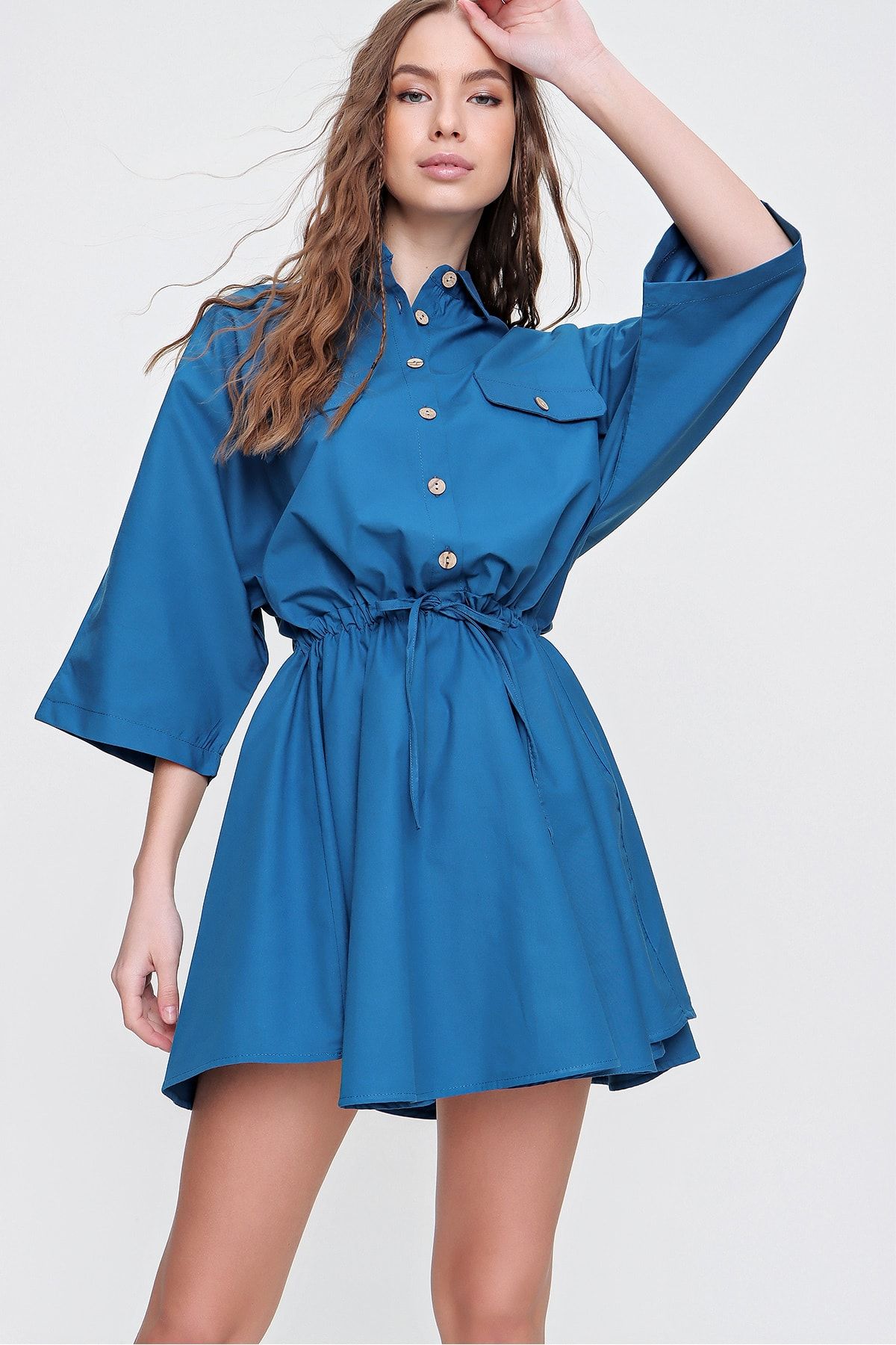 Trend Alaçatı Stili Kadın Petrol Mavi Safari Dokuma Gömlek Elbise ALC-X6196