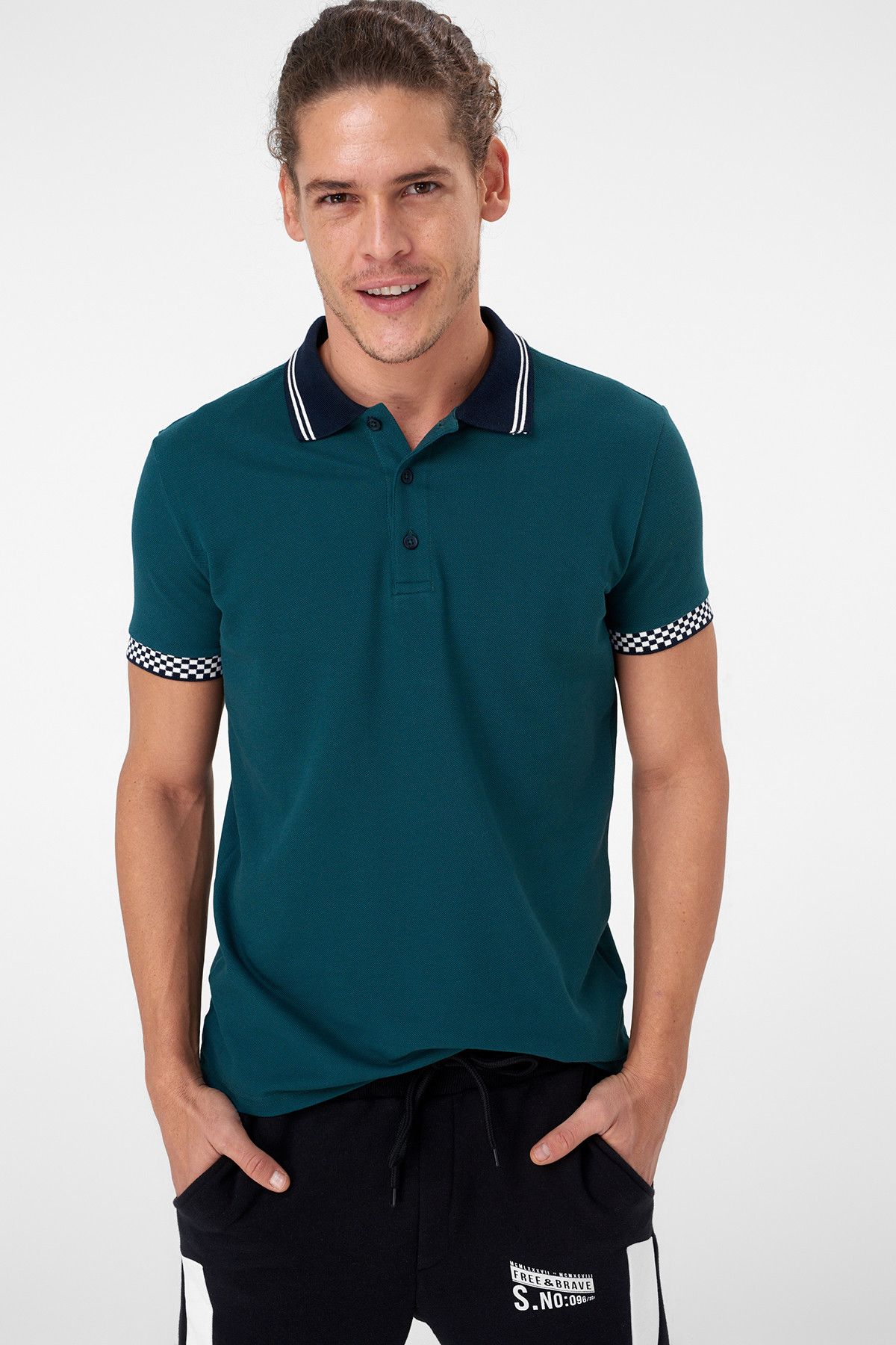 TRENDYOL MAN Yeşil Erkek  Pamuk T-Shirt  - Polo Yaka  Dama Triko Bantlı Street-Style