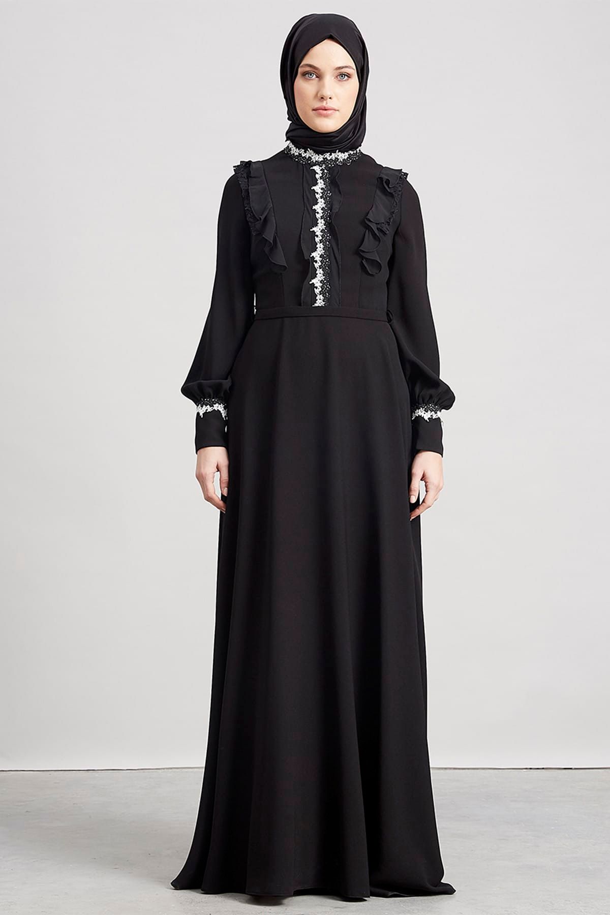 Kayra Kadın Güpür Detaylı Elbise Siyah KA-A7-23096-12