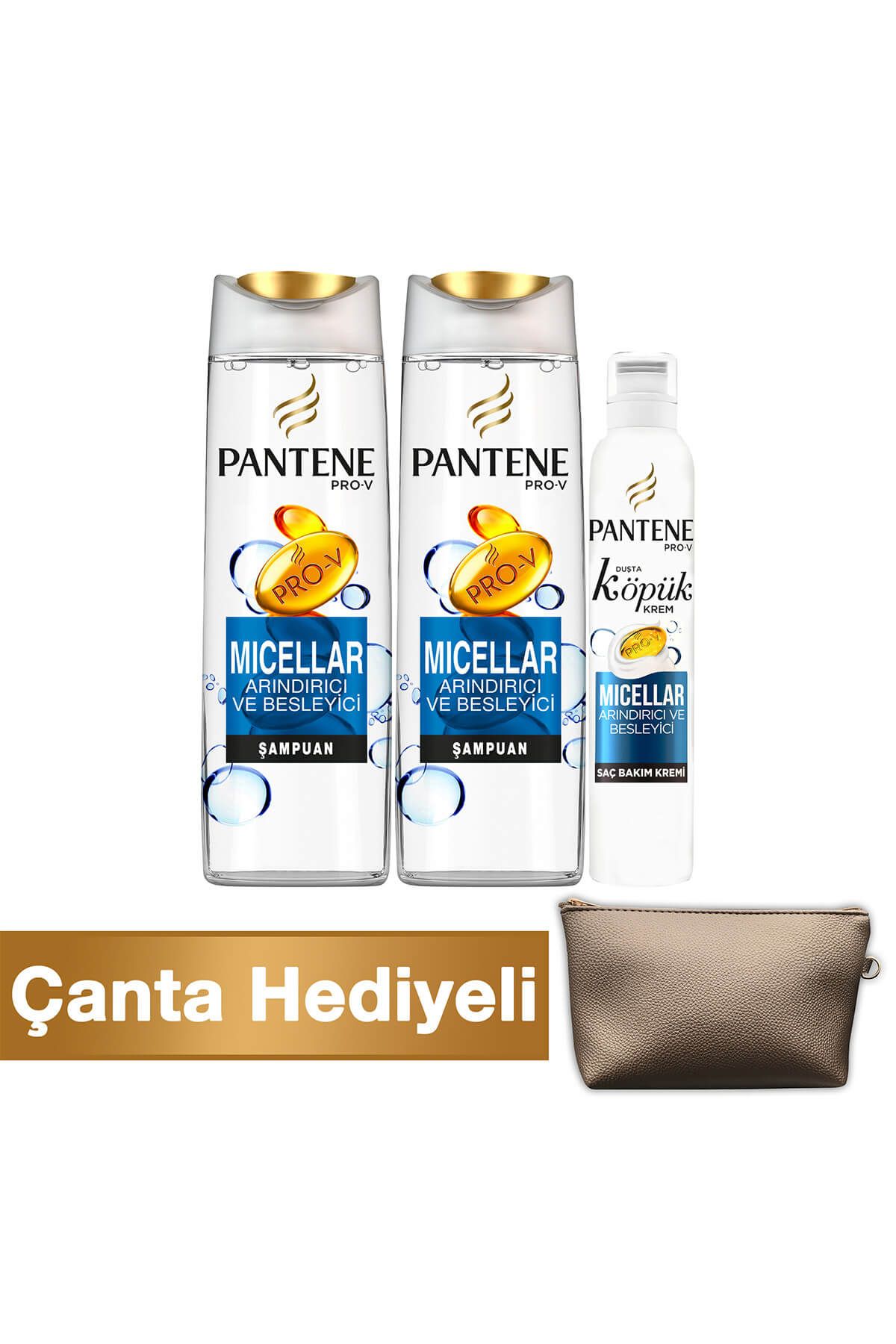 Pantene Micellar 2 x 500 ml Şampuan + 180 ml Köpük Saç Bakım Kremi (Çanta Hediyeli)