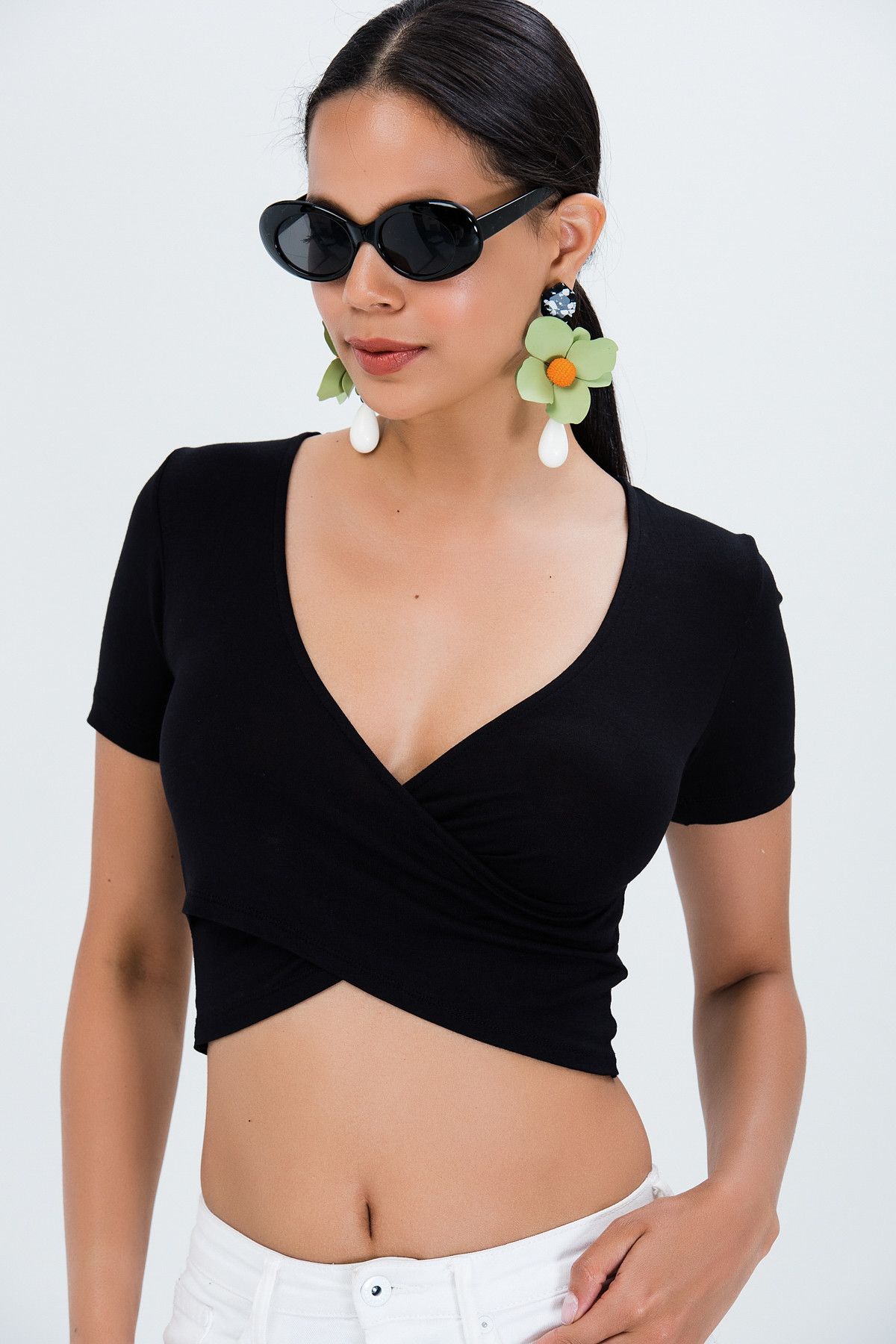 Cool & Sexy Kadın Siyah Kruvaze Crop Top Bluz M734