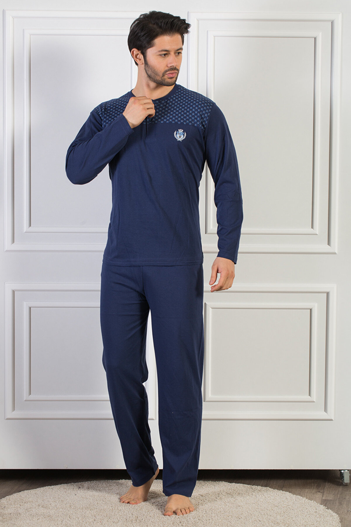 Strawberry Erkek Mavi Pamuklu Uzun Kol Pijama Takım 4203