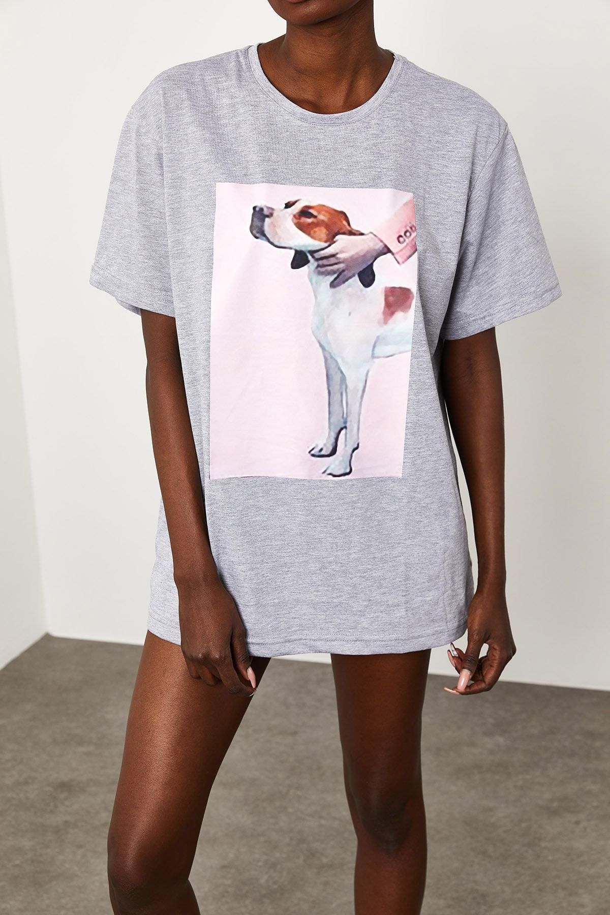 XHAN Kadın Gri Baskılı Salaş T-Shirt 1KZK1-11639-03