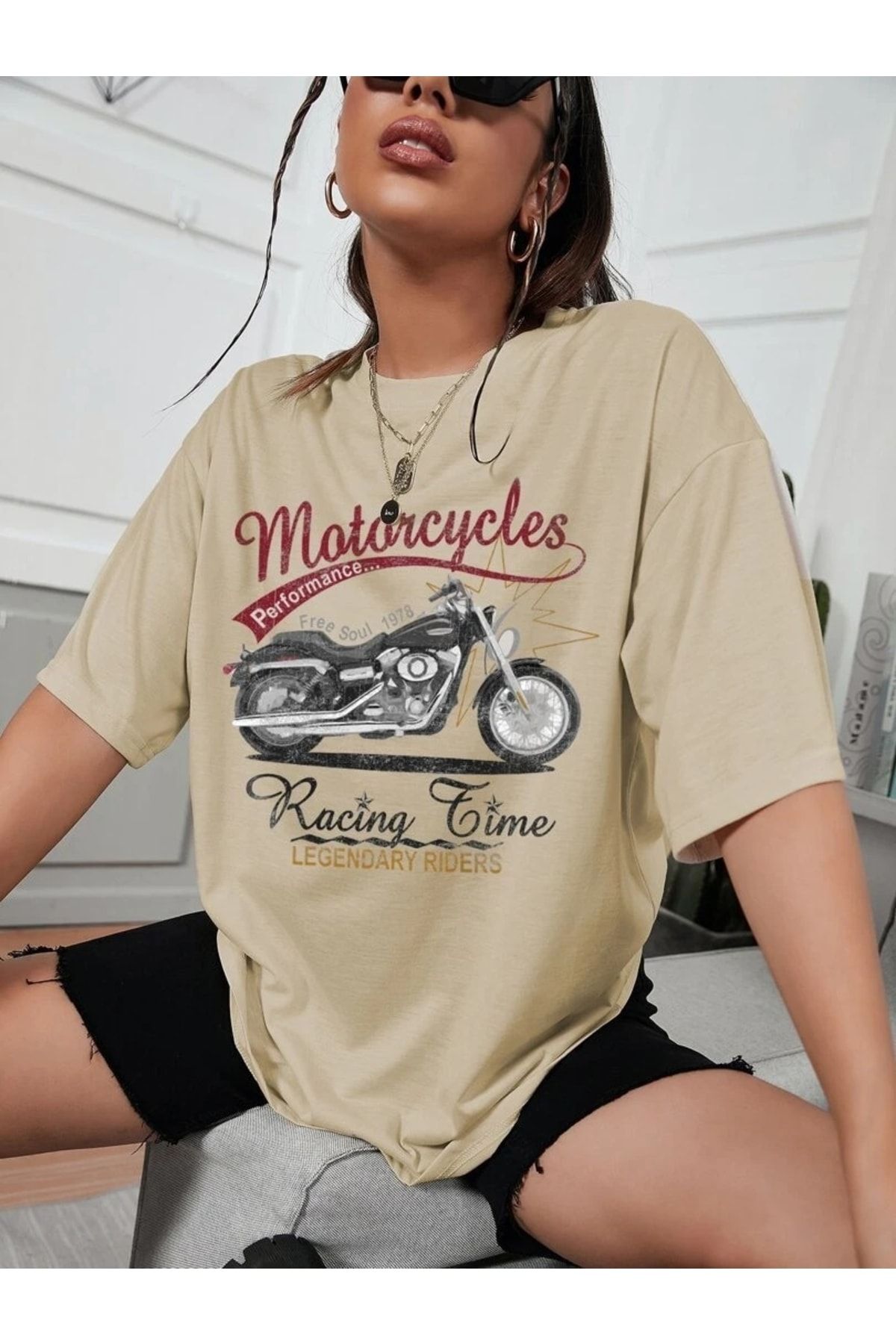 DUBU BUTİK Unisex Vizon Pamuklu Oversize T-shirt Motorsiklet Baskılı