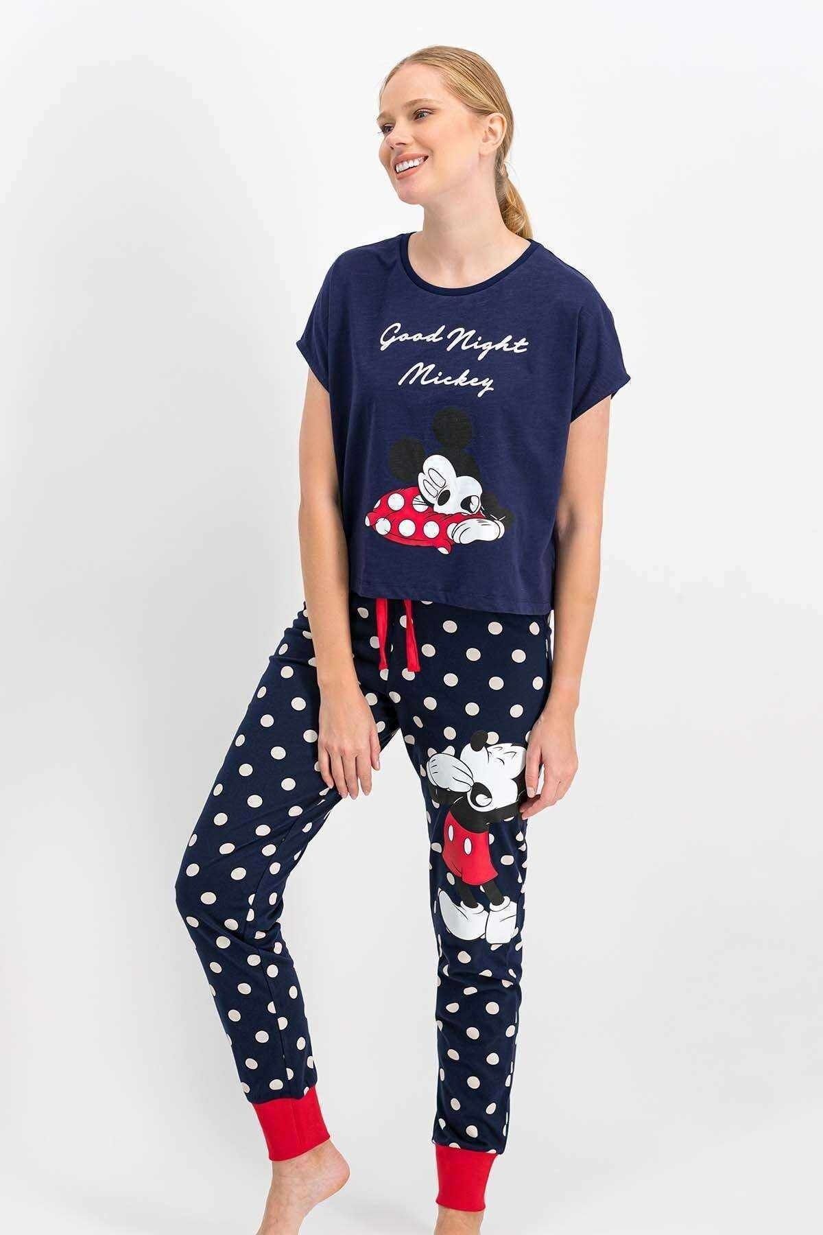 Mickey & Minnie Mouse Kadın Mickey Mouse Lisanslı Lacivert Pijama Takımı