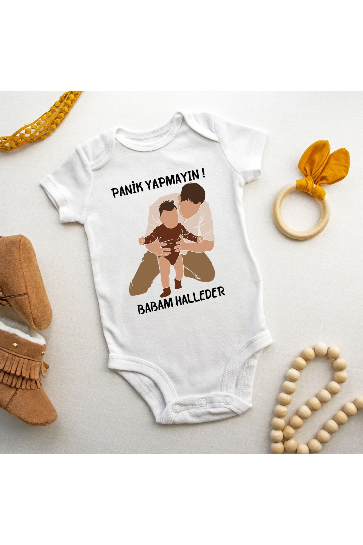 Kazuma Design Panik Yapmayın Babam Halleder! Yazılı Özel Tasarım Baskılı Zıbın Badi Hediye Bebek Giyim %100 Pamuk