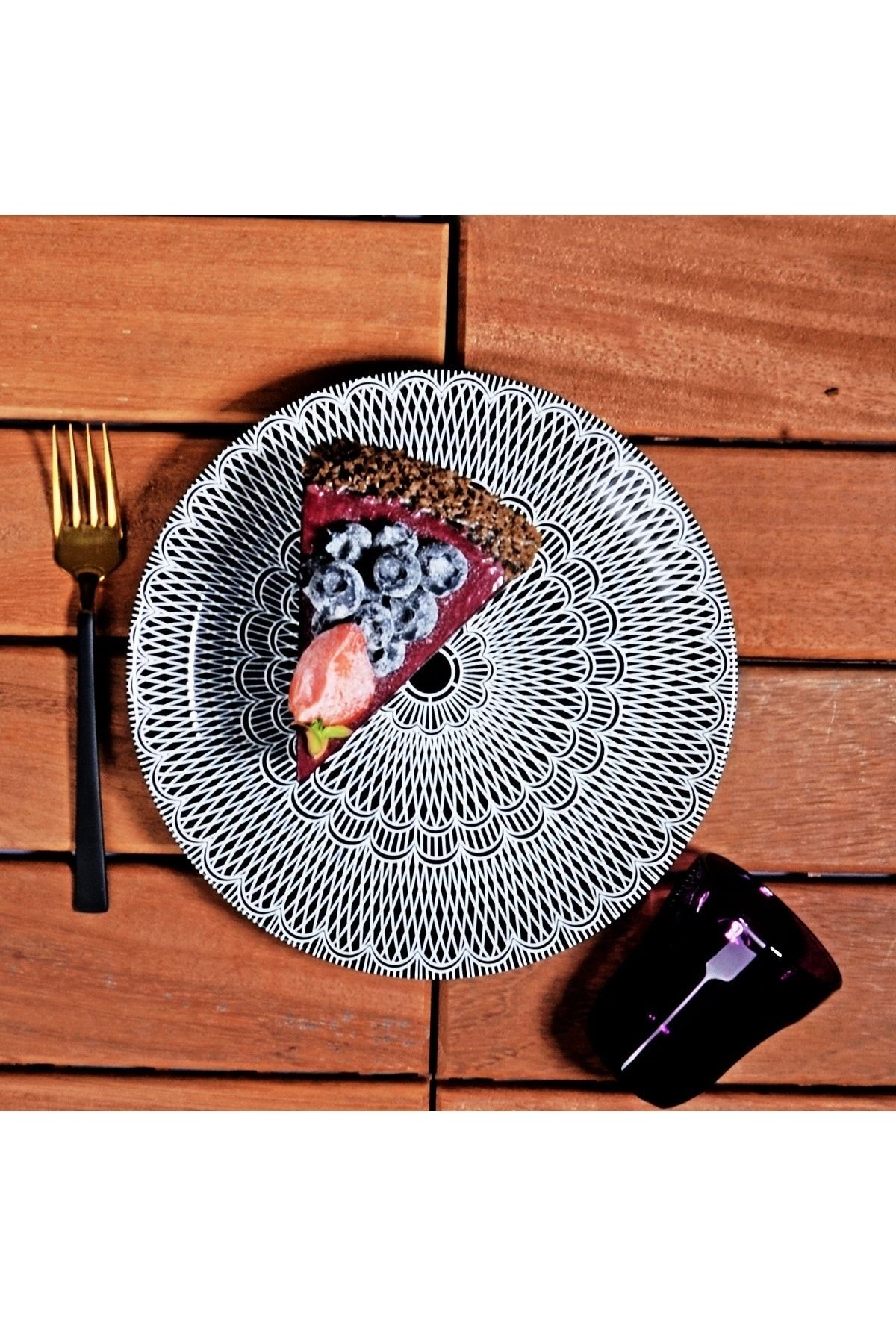 Pinkev 6 Kişilik Siyah Dantel Desenli Seramik Pasta Tatlı Tabağı Seti - 20cm
