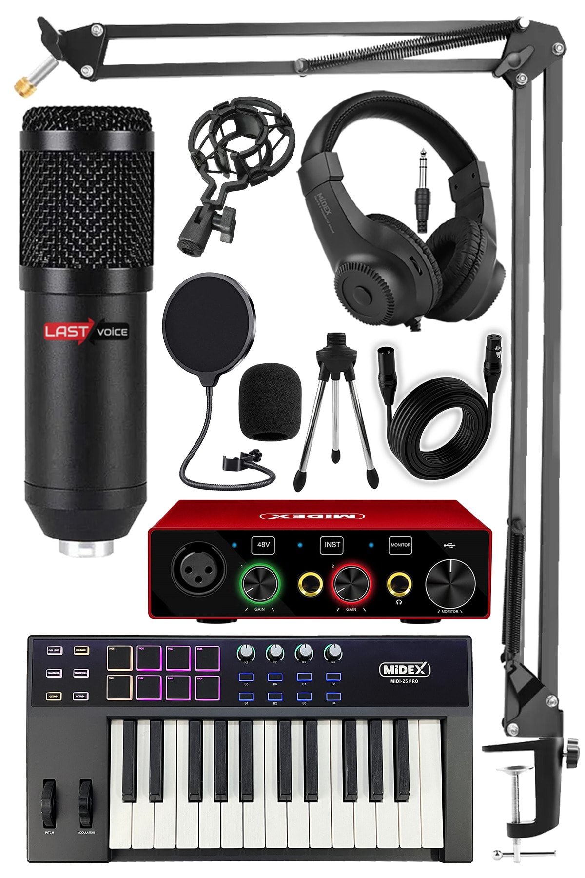 Midex Midi Paket-1 Stüdyo Ekipmanları Seti Ses Kartı Midi Klavye Mikrofon Kulaklık
