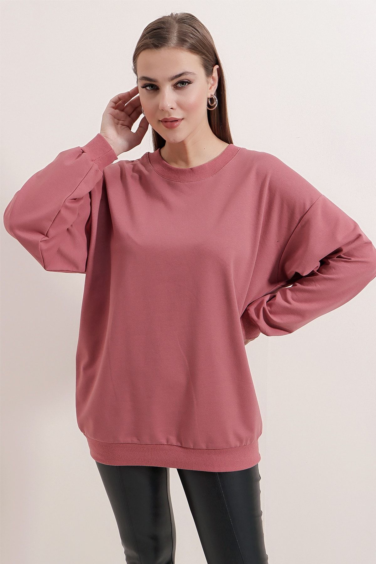 Pattaya Kadın Gül Kurusu Basic Uzun Kollu Oversize Sweatshirt P20W-4420