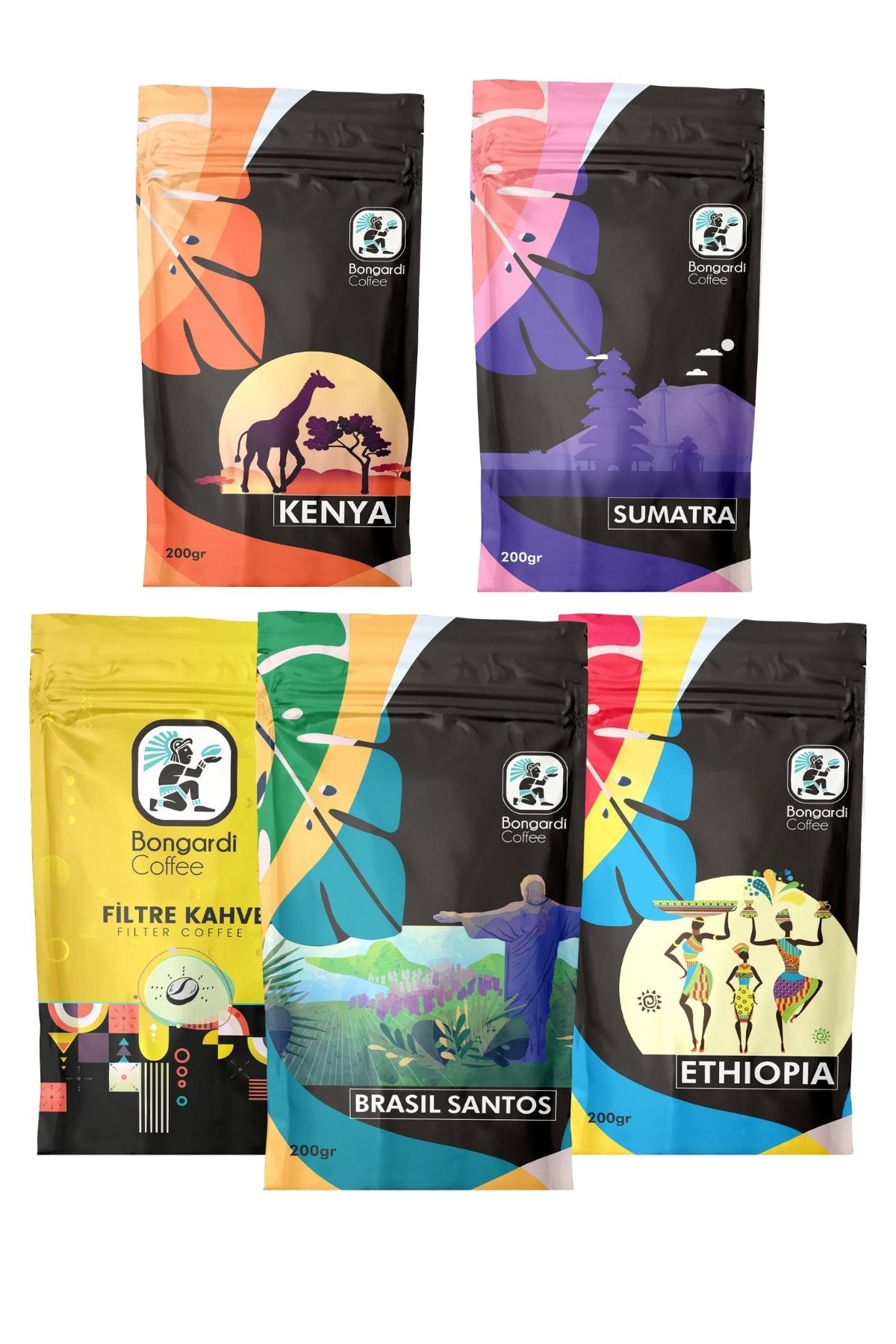 Bongardi Coffee 5x200 Gram Sumatra Kenya Santos Etiyopya Intense Blend Filtre Kahve Seti