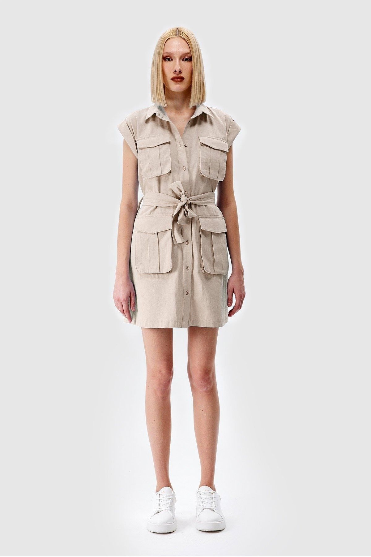 Açelya Okcu Düşük Kol Safari Keten Mini Elbise