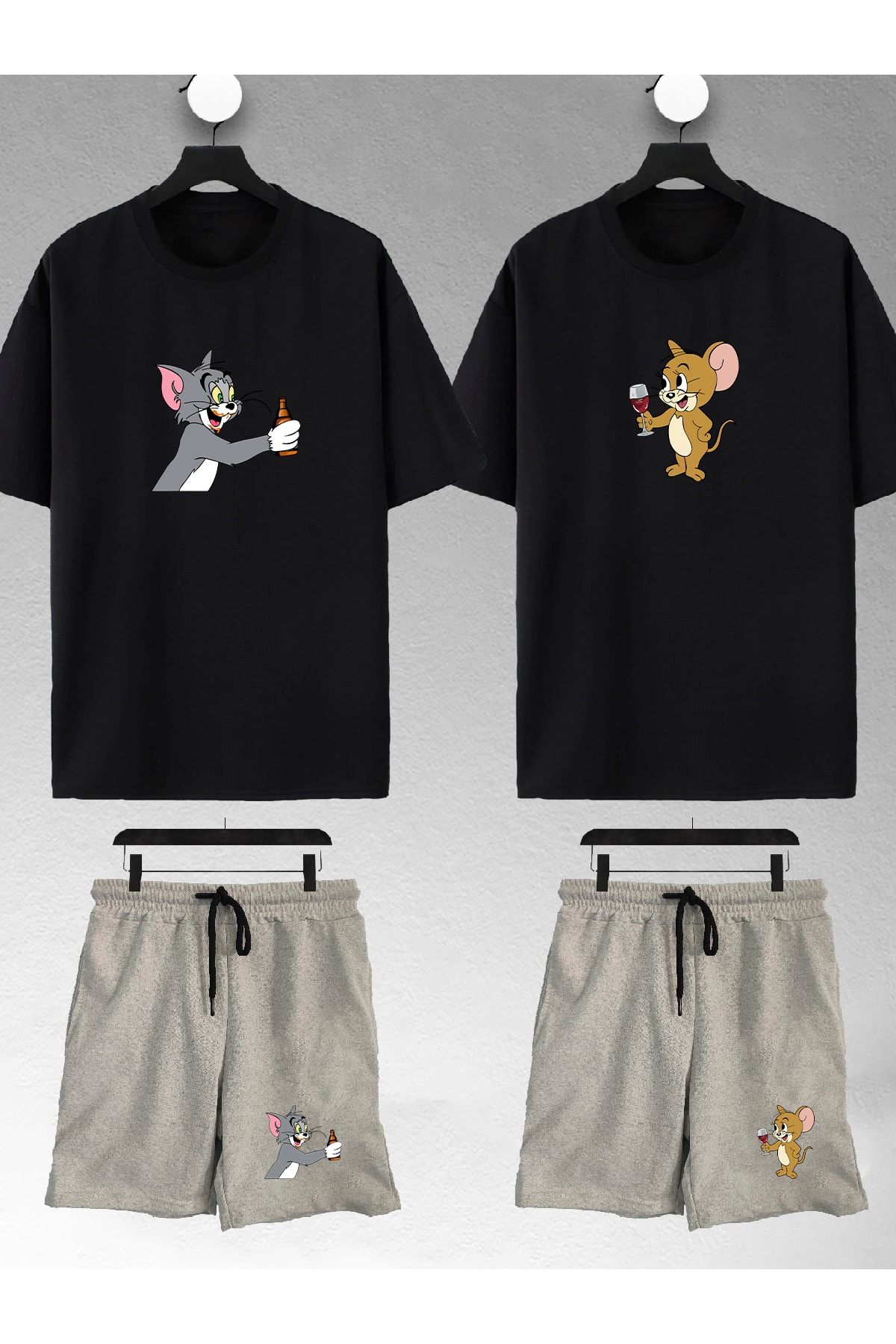 macklin Unisex Kadın Erkek Bira Tom Ve Jerry Baskılı Sevgili Çift Kombini Tasarım Oversize Tshirt Ve Şort