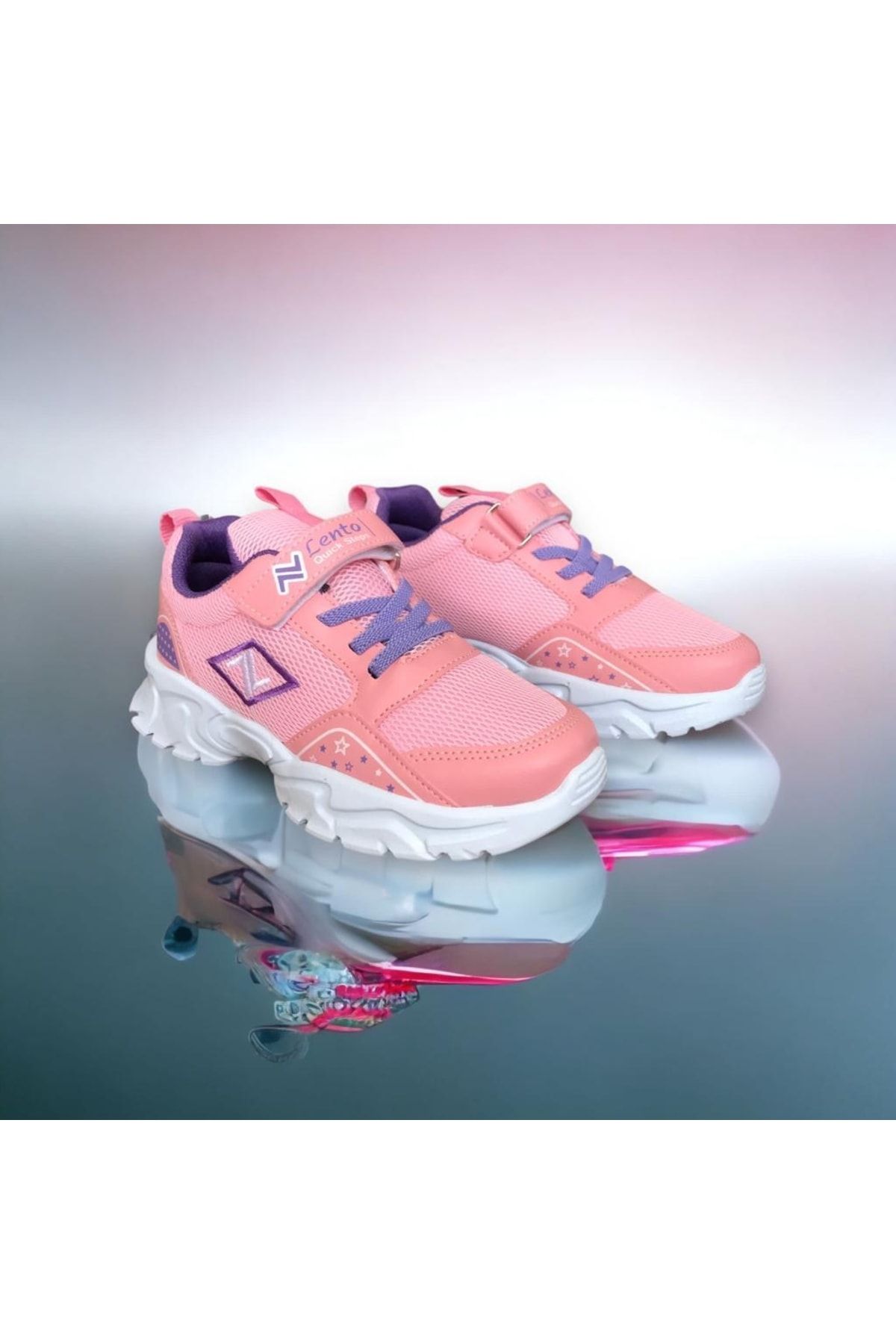 Lento Pembe - Mor Cırtlı Yumuşak Esnek Sneaker Kız Çocuk Spor Ayakkabı