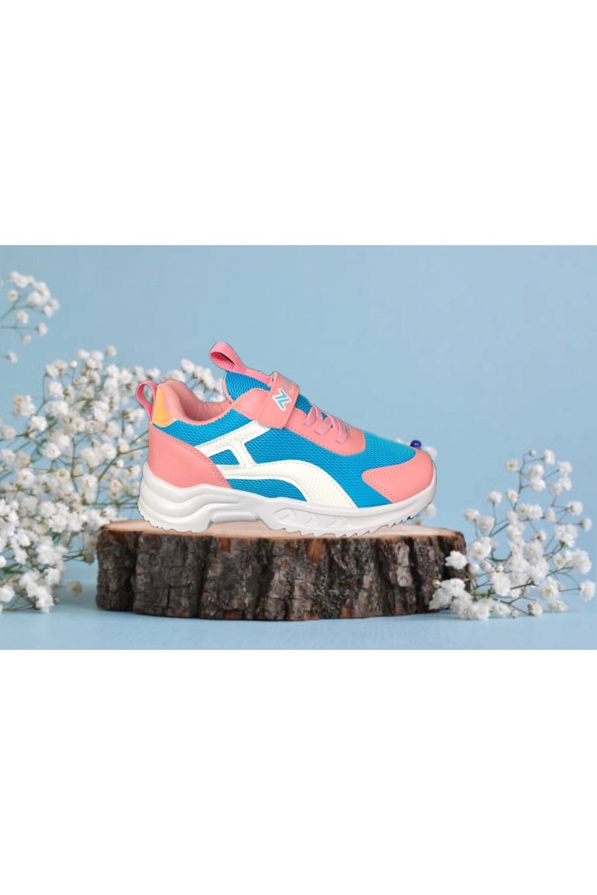 Lento Turkuaz - Pembe -beyaz Cırtlı Yumuşak Esnek Sneaker Kız Çocuk Spor Ayakkabı